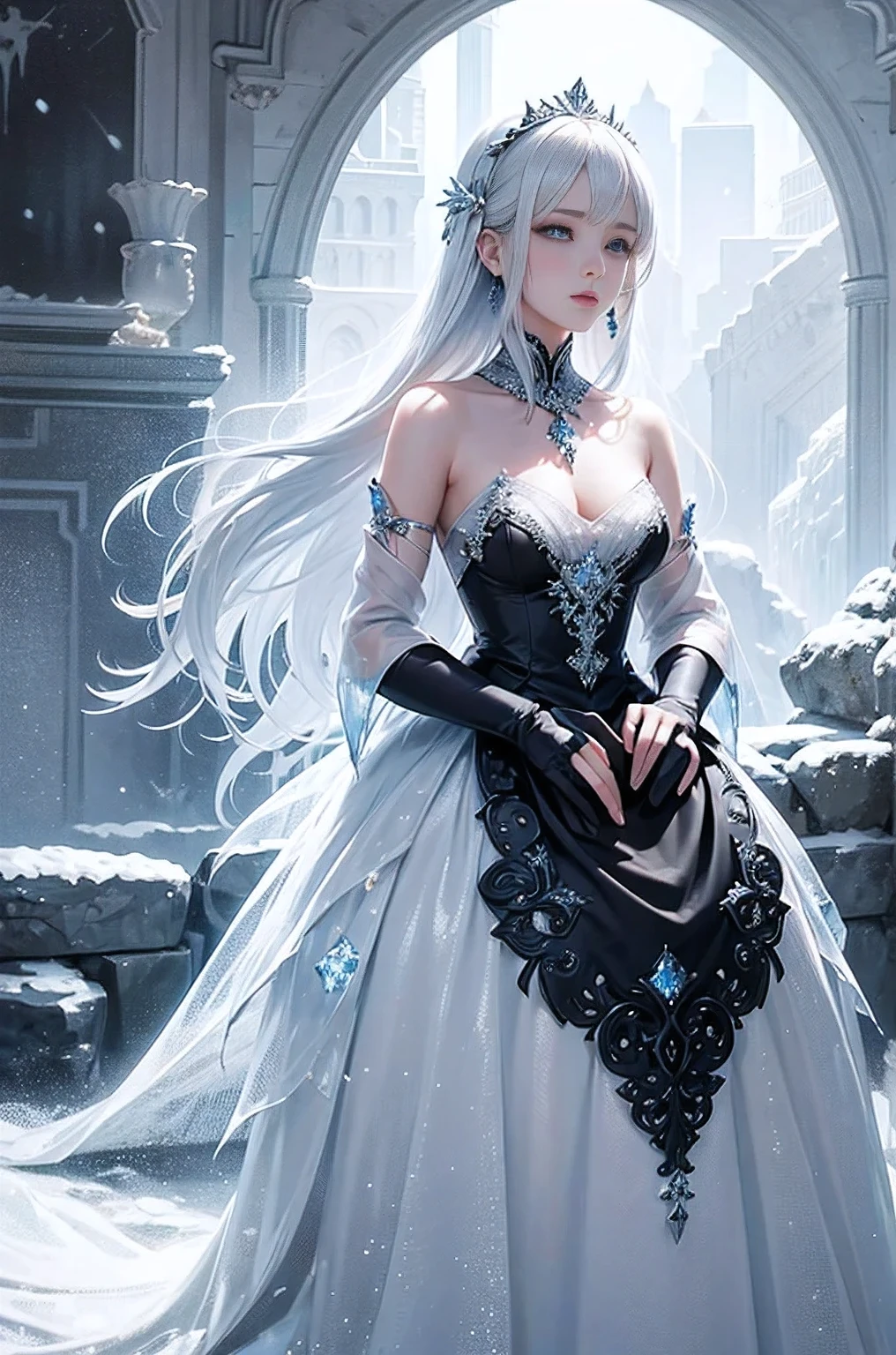 wood, Detailed mini ice spikes and crystals, Frozen waterfall as background, Light reflected on ice crystals, Flowing snowflakes.Beautiful woman、white hair、cutegirl,Realistic people,black dress
