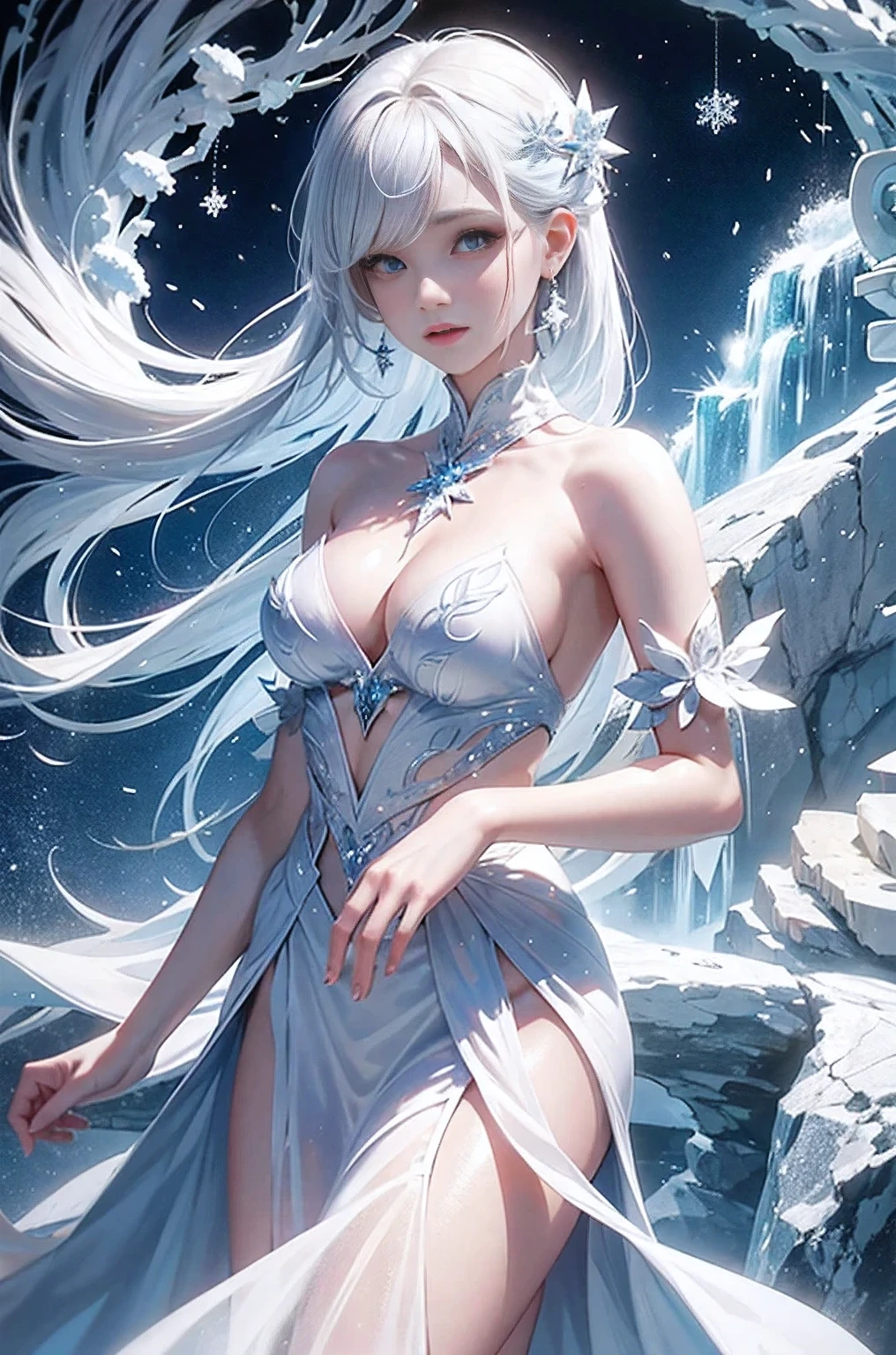 wood, Detailed mini ice spikes and crystals, Frozen waterfall as background, Light reflected on ice crystals, Flowing snowflakes.Beautiful woman、white hair、cutegirl,Realistic people,black dress