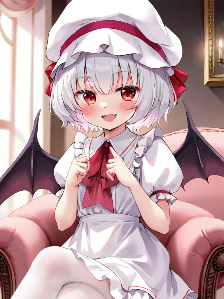 1girl, solo, remilia scarlet, hat, ascot, wings, red eyes, smile, sitting, puffy sleeves, short sleeves, mob cap, open mouth, wrist cuffs, looking at viewer, bat wings, crossed legs, puffy short sleeves, short hair, white headwear, hair between eyes, bangs, fang, red ascot, jewelry, dress, :d, red ribbon, pantyhose, ribbon, frills, blush, hat ribbon, chair, feet out of frame, white dress, brooch, white pantyhose, hand up, eyes visible through hair, hand on own face, white hair, armchair, collared dress, shirt, pink headwear