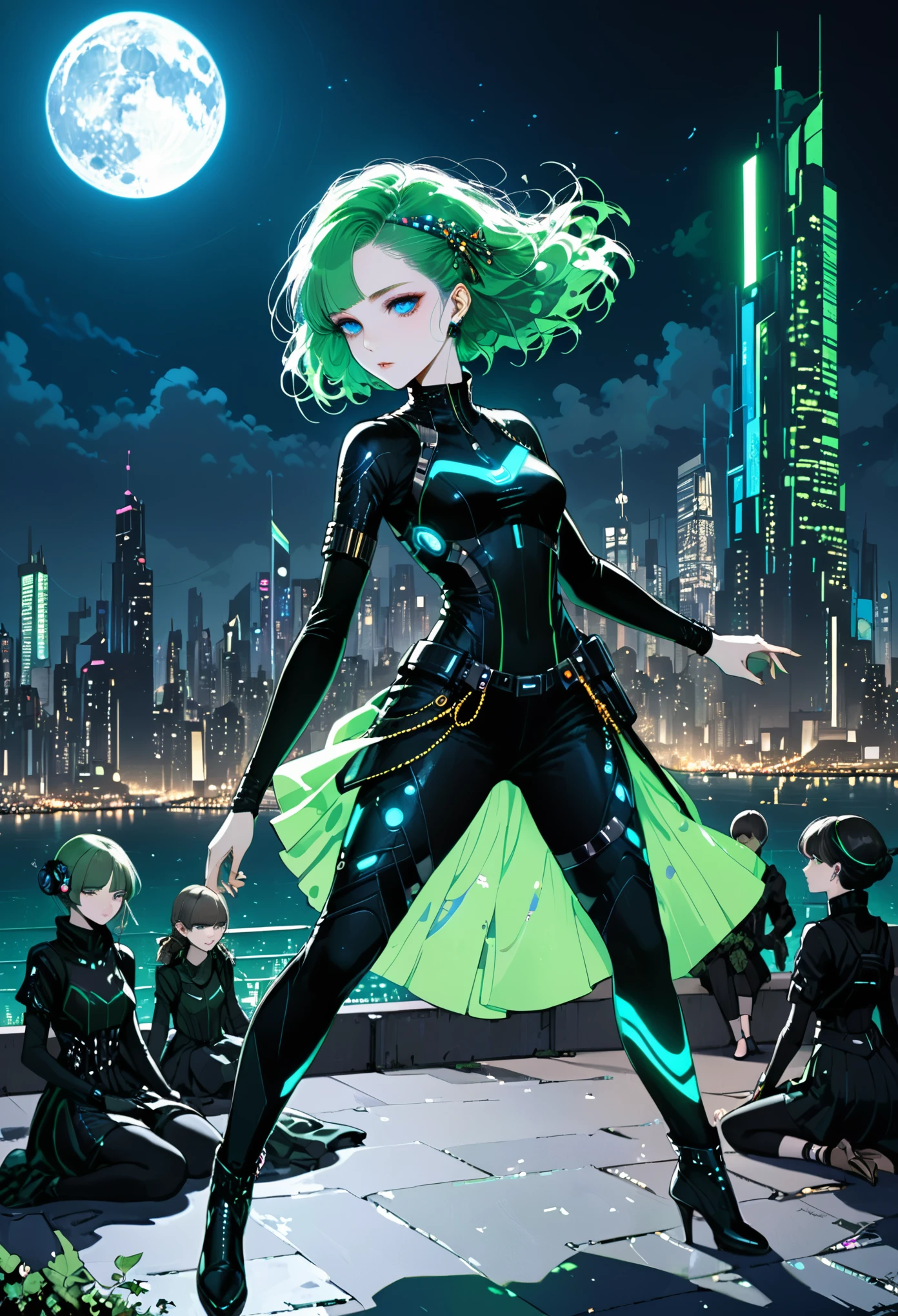 (in style of Harry Clarke:0.8),Character concept design,Cyberpunk style female character,Details: glowing dodgerblue eyes,Textured Skin,lawngreen Gorgeous Clothing,Distant city skyline background,ocean,night,moon,dance pose,Dynamic Action,Some audience children sitting on the ground