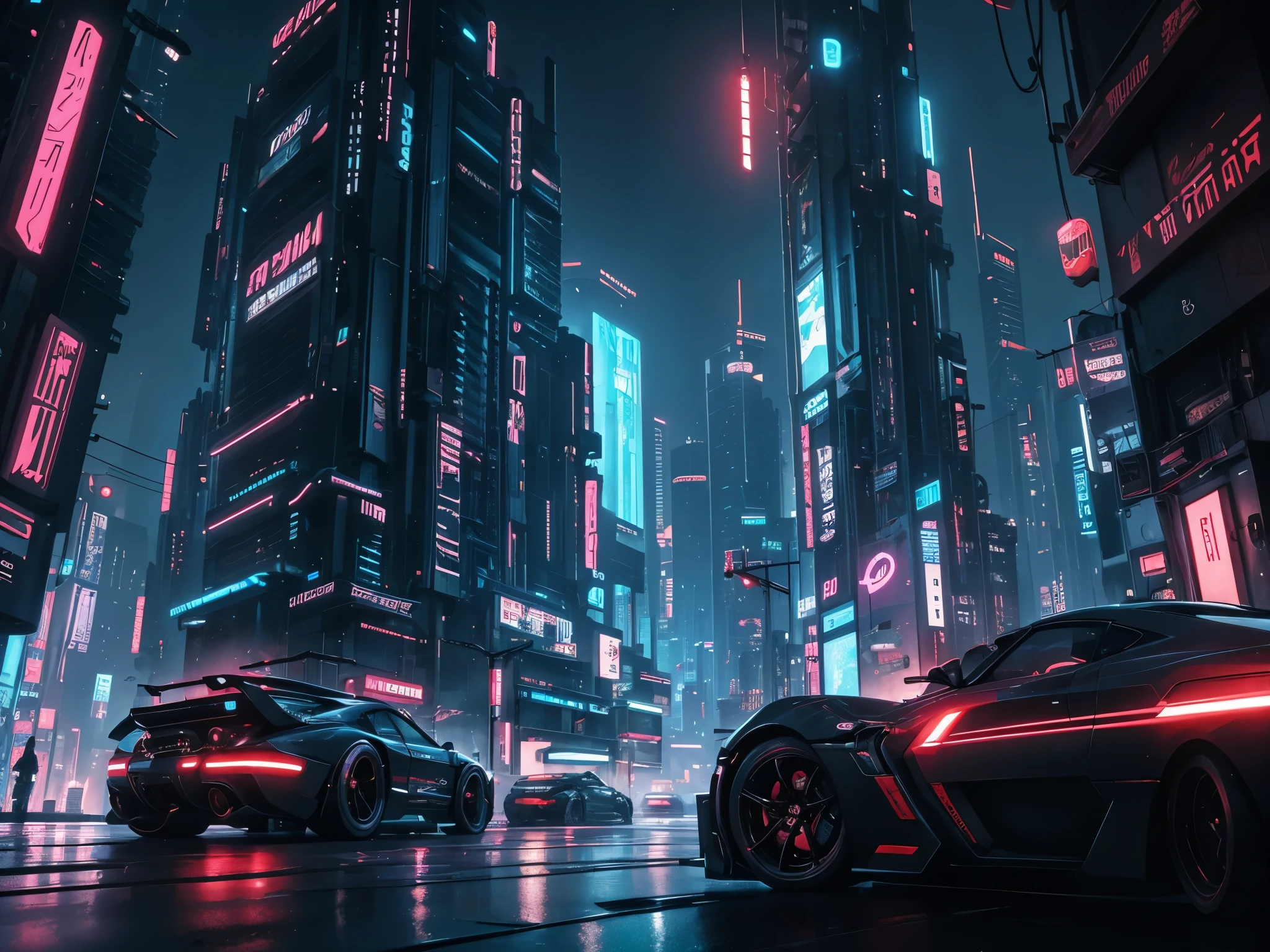 imagine a cyberpunk city full of buldings and futuristic cars,blade runner inspired,neaon lghts,japanese letters,