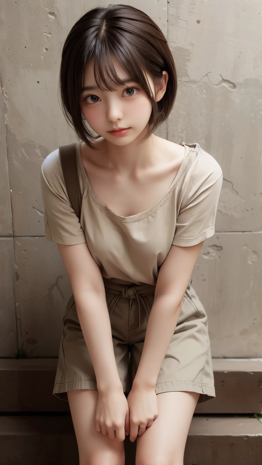 detailed face, cute face,brown eye, ((standing)) , (both hands on knee) , leaning forward , master piece , best quality , highly detailed , (matured female) , extra short hair, sidelocks-hair, japanese