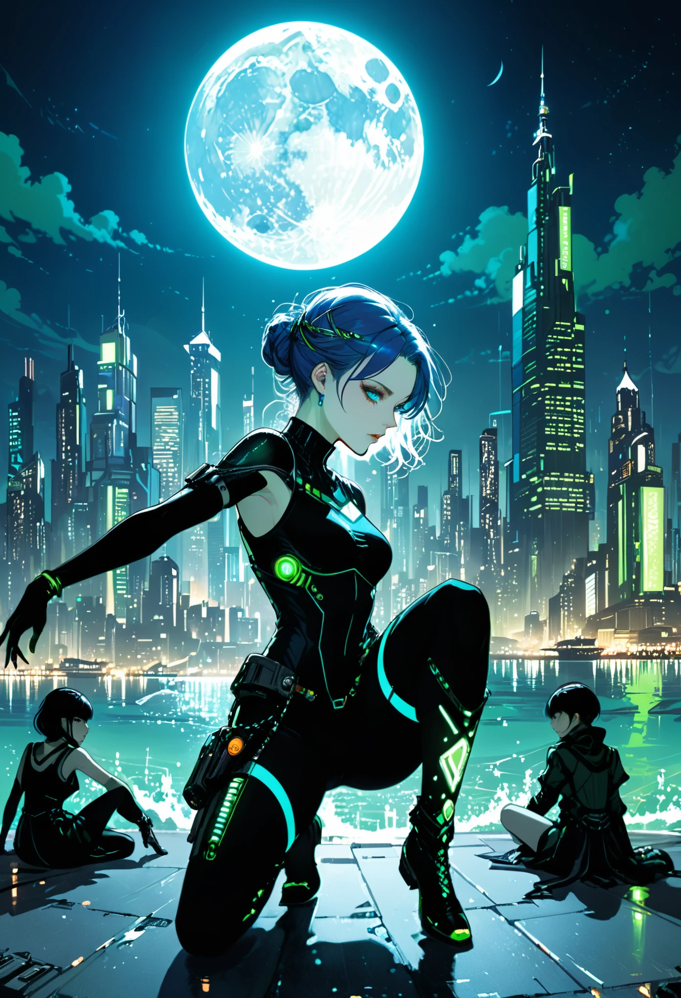 (in style of Harry Clarke:0.8),Character concept design,Cyberpunk style female character，Details: glowing dodgerblue eyes，Textured Skin，lawngreen Gorgeous Clothing,Distant city skyline background，ocean,night，moon，dance pose，Dynamic Action，Some audience children sitting on the ground