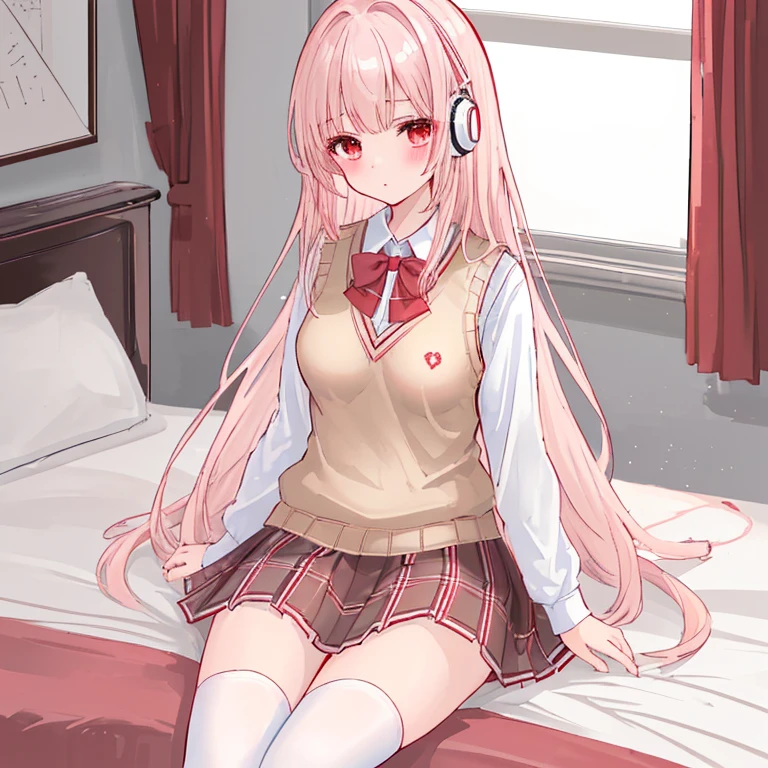 (8k、highest quality、masterpiece:1.2)、Illustration touch、Ultra-detailed、Super A High Resolution、Light pink hair、long hair、Headphones、One woman in uniform、clear、High 、White long sleeve blouseと紺色のSweater vest、White long sleeve blouse、The blouse is buttoned、Red ribbon tie、紺色のSweater vest、Sweater vest、Red Check Skirt、Red Check Skirt、mini skirt、White knee socks、White Pantyhose、delicate、Sitting duck-style on the bed、M-shaped legs、Inner thighs、White panties、(School uniform:1.4)、Blushing