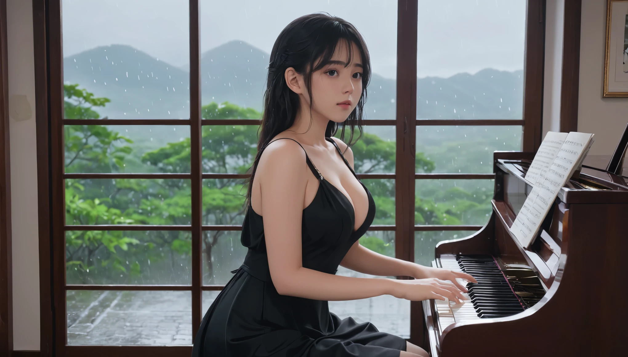 Playing the piano、24-year-old female、I can see the rainy scenery at night from the window、High definition、4K quality、、Wearing an all-black dress、 The whole body is shown alone、Ghibli-style illustrations