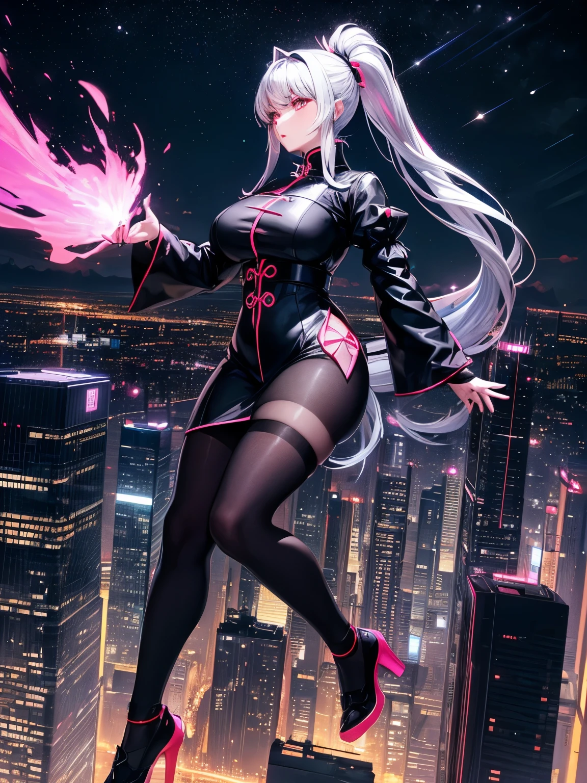 anime, (artwork, best quality, ultra-detailed, high contrast), 1 woman (Alone, full body, plus size body, standing on the edge of the skyscraper, silver hair, LONG In a ponytail, red eyes ruby sparkles, (simple black qipao, black cybernetics with neon pink), transparent black socks), (skyscraper roof, overlooking a city, detailed background ((night time, Darkness, low light pollution)))