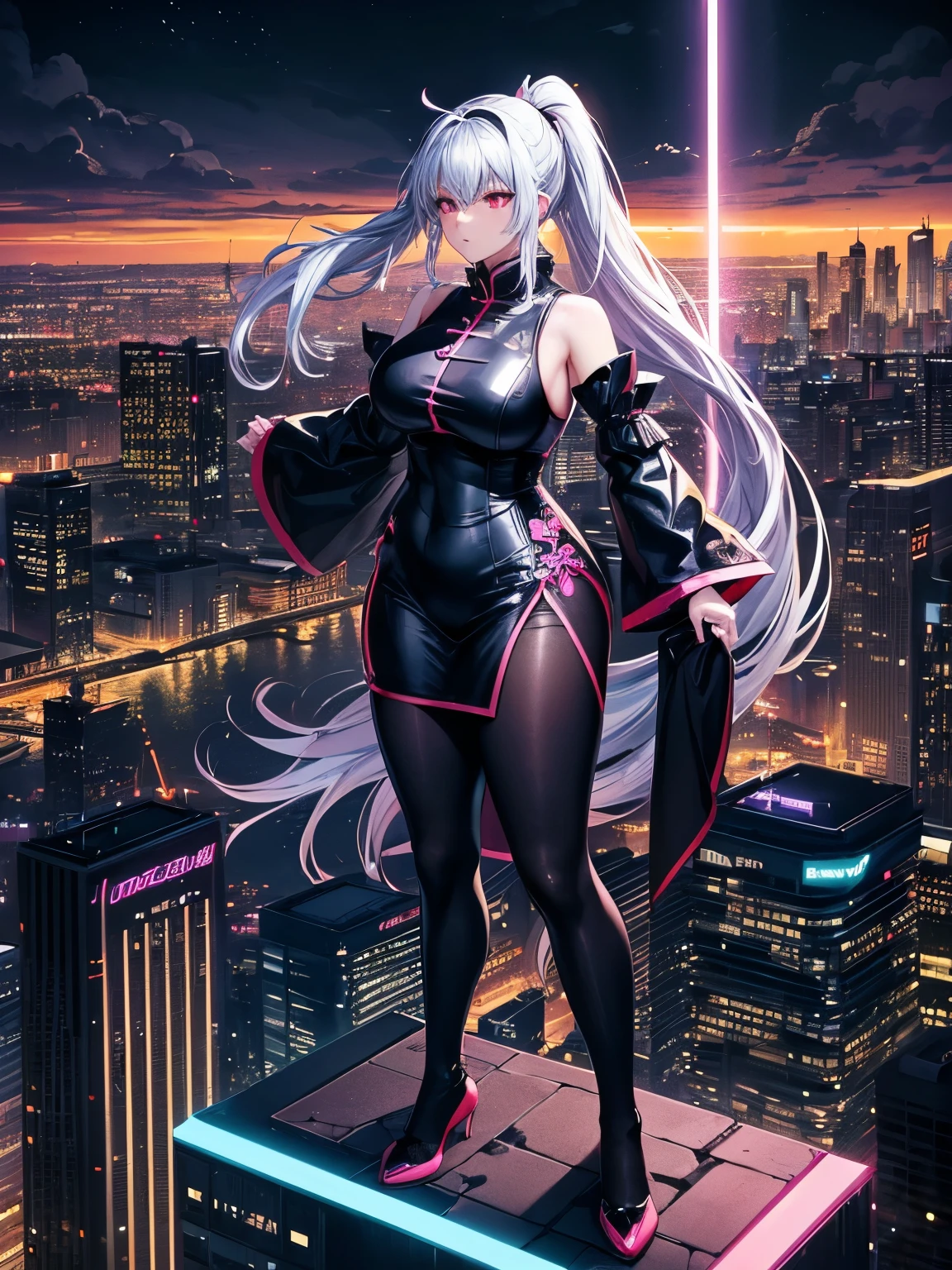 anime, (artwork, best quality, ultra-detailed, high contrast), 1 woman (Alone, full body, plus size body, standing on the edge of the skyscraper, silver hair, LONG In a ponytail, red eyes ruby sparkles, (simple black qipao, black cybernetics with neon pink), transparent black socks), (skyscraper roof, overlooking a city, detailed background ((night time, Darkness, low light pollution)))