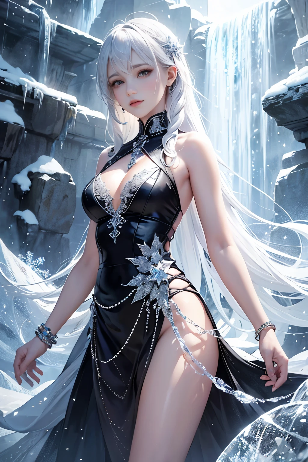 wood, Detailed mini ice spikes and crystals, Frozen waterfall as background, Light reflected on ice crystals, Flowing snowflakes.Beautiful woman、white hair、cutegirl,Realistic people,black dress