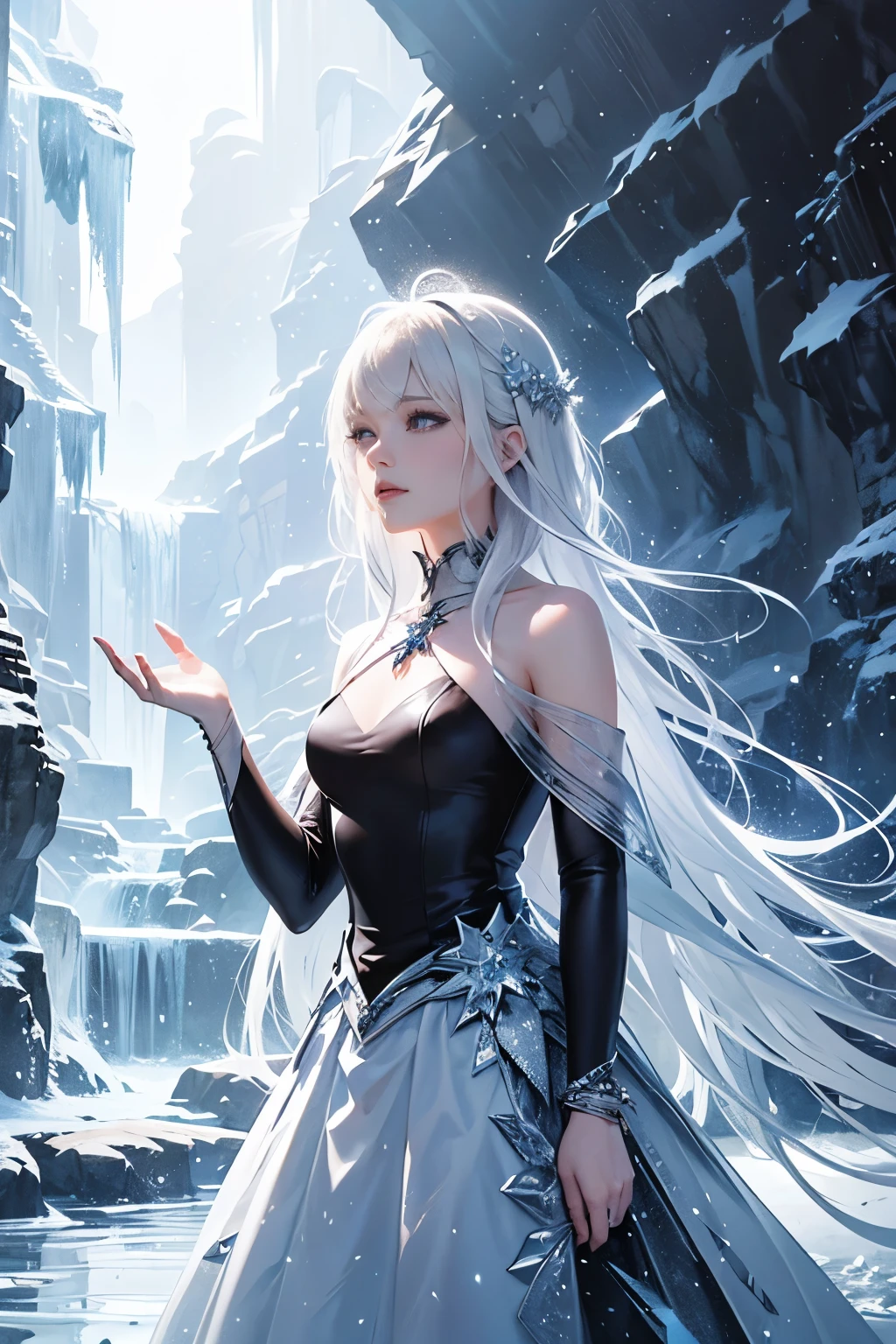 wood, Detailed mini ice spikes and crystals, Frozen waterfall as background, Light reflected on ice crystals, Flowing snowflakes.Beautiful woman、white hair、cutegirl,Realistic people,black dress
