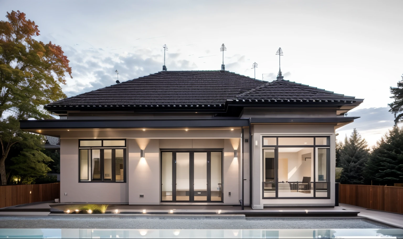 contemporary style house exterior, modernisme, glass doors and windows,rail en métal noir, plafond en conwood, chef-d'artwork, high quality, photo realistic, marque canon eos 5D, natural light,