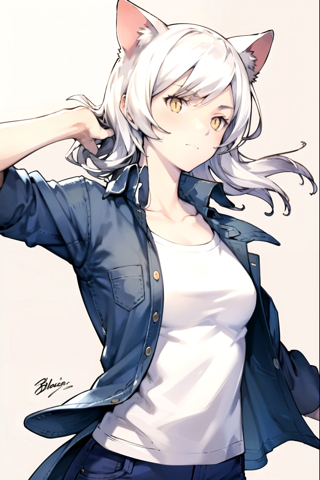 Masterpiece, solo, 1girl, upper body, blkhanekawa, cat ears, slit pupils, short hair, blue jacket, white shirt, jeans