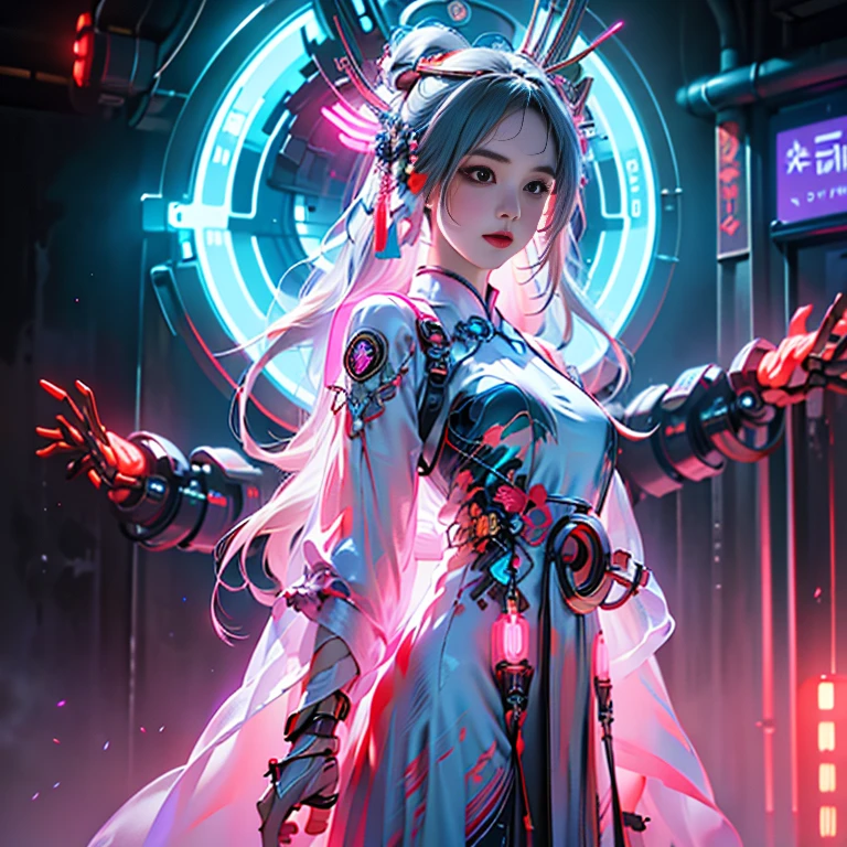 1 Girl Solo, perfection_hand, (8k, RAW Photos, highest quality, masterpiece:1.2), (Realistic, photo-Realistic:1.4), (Highly detailed CG Unity 8k wallpaper),whole body, (Neon Light:1.2), Machopp, Mechanical arms,Mecha, Hanfu, Chinese clothing, dress,