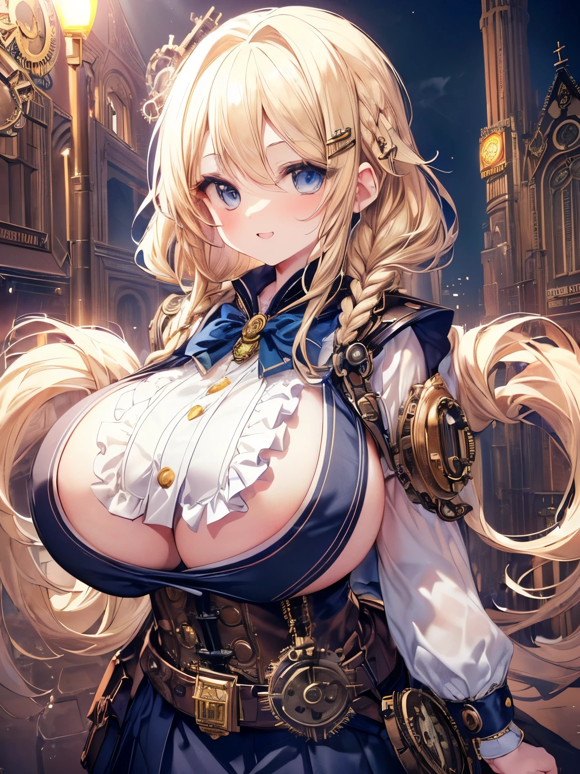 Masterpiece,Best Quality,(Super Detail),Perfect Lighting, Highly detailed CG,Super detailed,(Highly detailed eyes,Very cute face,Highly detailed face:1.3),Beautiful Anime Girl,(Solo Girl),(Super huge boobs:1.9),(Sensual,Glamorous:1.7),(Blonde,Shoulder-length medium hair,Twin braids,Let your hair hang forward:1.5),(Big light blue eyes),(Very happy smile,Open your mouth wide:1.3),break,(steampunk costume,White blouse,Navy tiered skirt:1.5),Steampunk Background,Steampunk City,Huge clock tower,Are standing,Dynamic Pose,Cowboy Shot