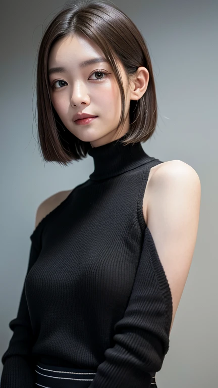 (((Close-up of face)))、(((Absolutely shoulder-length brown straight short bob)))、(((She is posing like a hair salon model, with a black wall indoors as the background.)))、(((Casual black winter long sleeves with shoulders covered)))、Half Japanese, half Korean、18 year old girl、Standing Alone、Looking forward、Light eye makeup、Brown Hair Color、Flat and 、Hair blowing in the wind、Actress Quality、Glossy, ultra-realistic face、Smiling face、Watery eyes、Gazing Up、Subtle lighting effects、 Ultra-Realistic Capture、Very detailed、High resolution 16K close up of human skin。Skin texture must be natural、The details must be such that pores can be clearly seen、The skin is healthy、Uniform tone、Use natural light and colors、A worn-out, high-quality photo taken by a model agency&#39;s in-house photographer.、smile、(((SIGMA 300 mm F/1.4,1/1000 sec shutter,ISO 400))) 