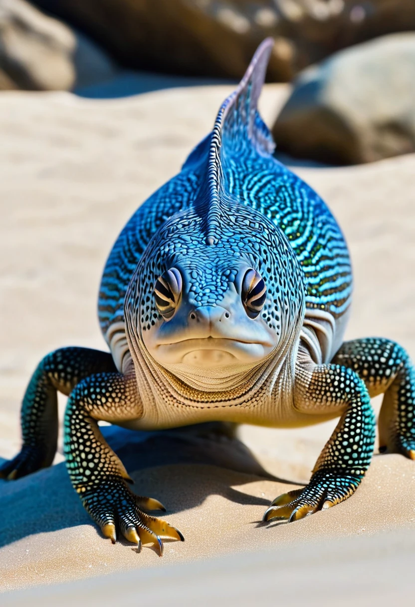 Valerian transmuteur, peau d ecailles de mille couleurs, museau fin, oreilles pointues, yeux verts, quatres pattes, small curved nails, queue courte, animal mignon, outside, ocean, une plage, sur un rocher, décor de fiction, 4k uhd, best definition