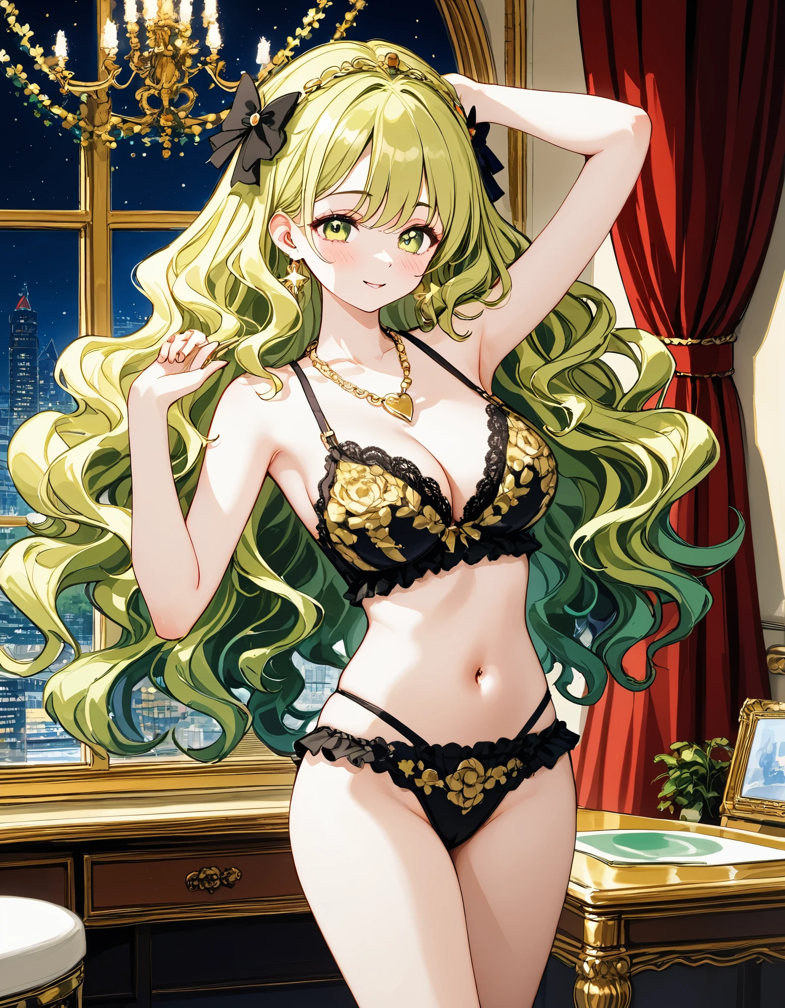 Wavy hair Wavy hair（（（Eyes are very delicate））），（（（Hair accessories））），Necklace，Barbie doll wearing sexy green and gold lace lingerie，The room is decorated with New Year decorations（（（masterpiece）））eat banana （（best quality））， （（Intricate details））， （（Surreal））（8k）