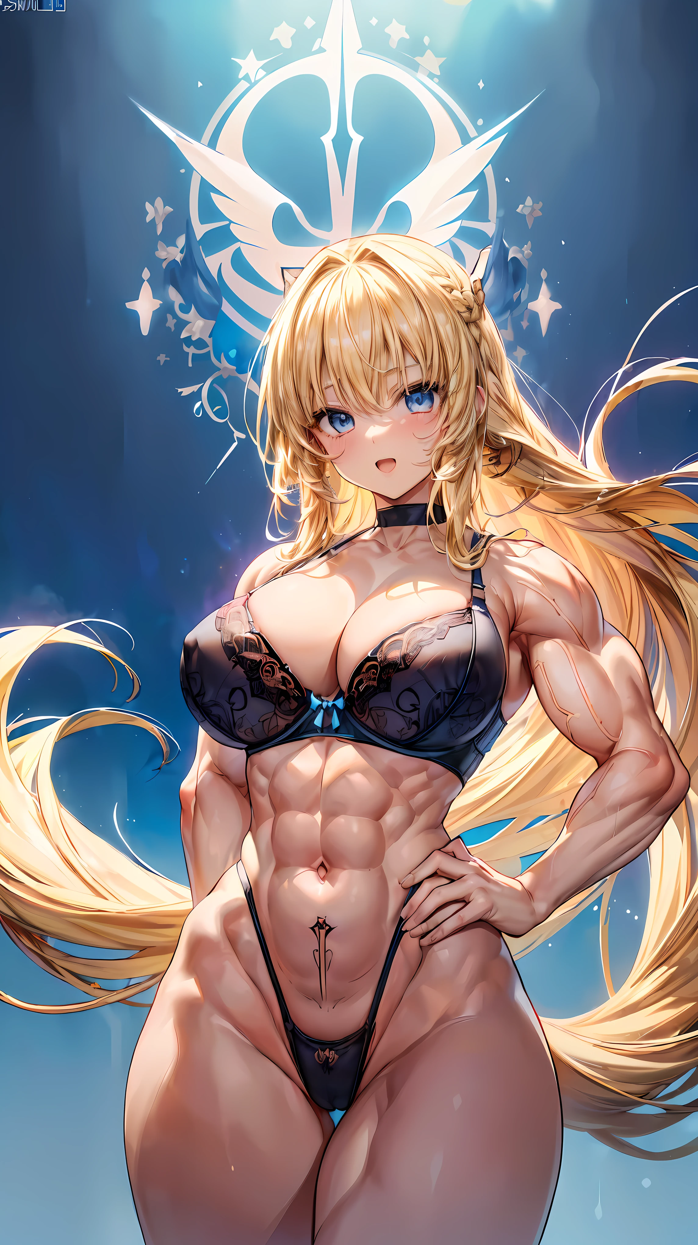 Very detailed、highest quality、Best image quality、masterpiece、8k、Anime Face、A kind smile、(Open your mouth:1.3)、Sparkling blue eyes、(Blonde semi-long hair:1.5)、(Muscles of the whole body:1.3)、(highleg:2.0)、Thigh belt、(Upper body photo:1.5)、(SFW Giant)、(Thick body:1.2)、(bra:1.5)、(sxspnts)、(Hands on hips:1.1)