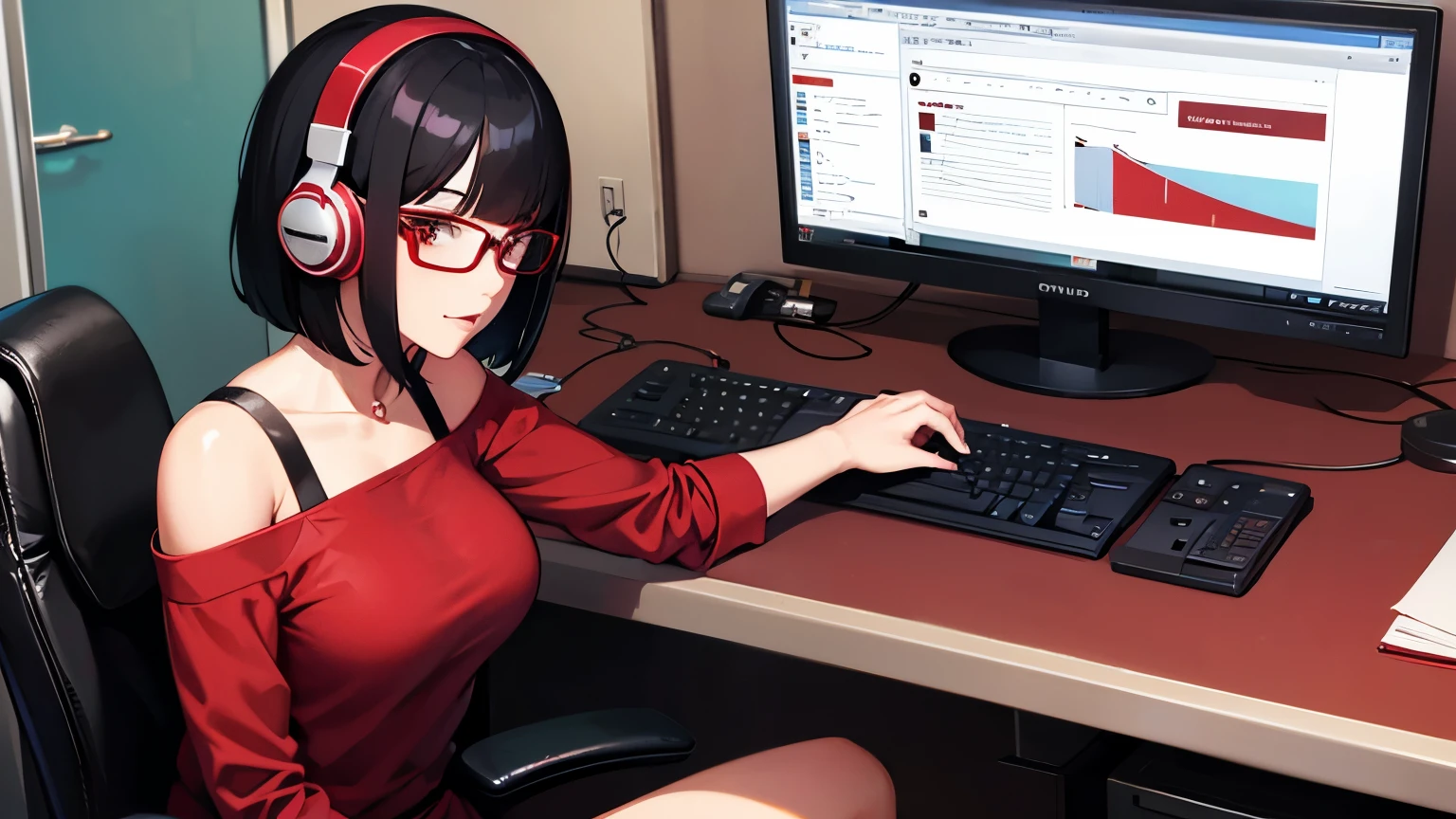 A woman with black bob hair, red glasses, headphones and a red dress　Sitting at the computer　Turn around　Big 