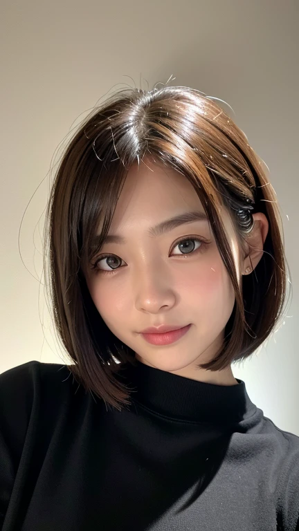 (((Close-up of face)))、(((Absolutely shoulder-length brown straight short bob)))、(((She is posing like a hair salon model, with a black wall indoors as the background.)))、(((Casual black winter long sleeves with shoulders covered)))、Half Japanese, half Korean、18 year old girl、Standing Alone、Looking forward、Light eye makeup、Brown Hair Color、Flat and 、Hair blowing in the wind、Actress Quality、Glossy, ultra-realistic face、Smiling face、Watery eyes、Gazing Up、Subtle lighting effects、 Ultra-Realistic Capture、Very detailed、High resolution 16K close up of human skin。Skin texture must be natural、The details must be such that pores can be clearly seen、The skin is healthy、Uniform tone、Use natural light and colors、A worn-out, high-quality photo taken by a model agency's in-house photographer.、smile、(((SIGMA 300 mm F/1.4,1/1000 sec shutter,ISO 400)))