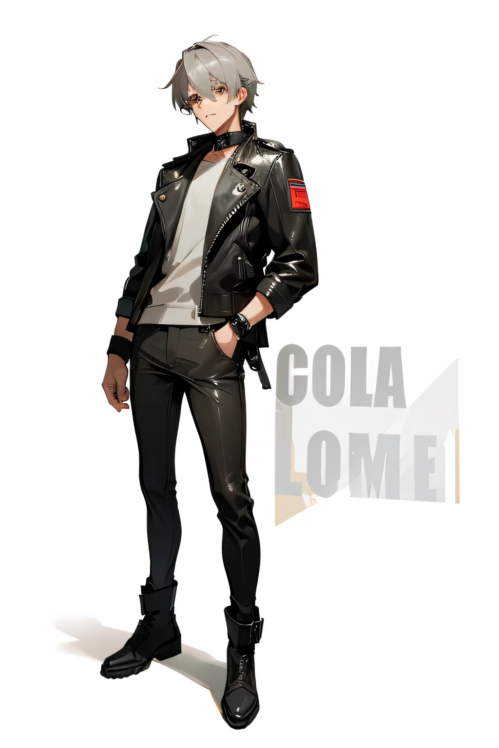 Grey Hair　Brown eyes　Cool guy　Leather jacket　Standing with your legs apart