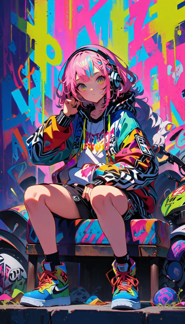 Style 5,Style 7,High resolution, (Best details) (highest quality), Wear headphones、Alfie woman sitting on sofa chair, (((Graffiti art))), (((Trigger Studio style, Graffiti art, Rock punk, Neon color))), Karn Griffiths