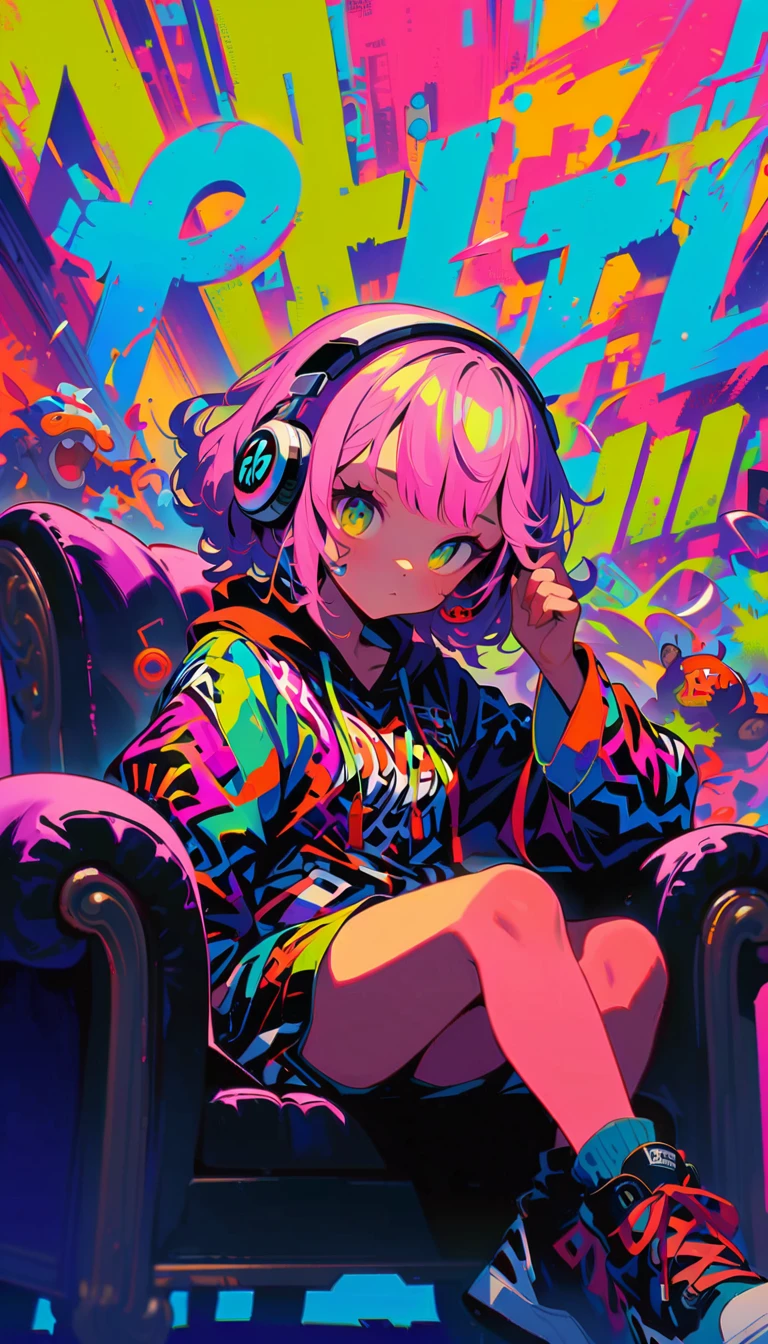 Style 5,Style 7,High resolution, (Best details) (highest quality), Wear headphones、Alfie woman sitting on sofa chair, (((Graffiti art))), (((Trigger Studio style, Graffiti art, Rock punk, Neon color))), Karn Griffiths