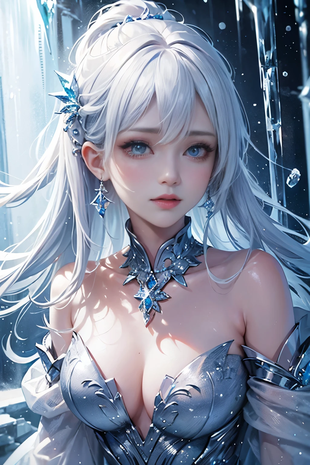 masterpiece、highest quality、wood, Detailed mini ice spikes and crystals, Frozen waterfall as background, Light reflected on ice crystals, Flowing snowflakes.Beautiful woman、white hair、cutegirl,Realistic people,black dress
