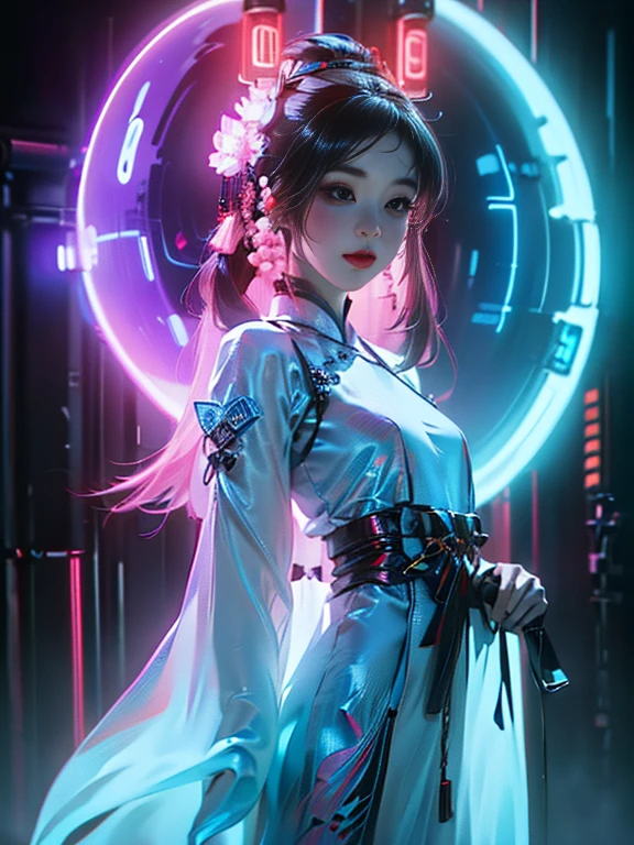 1 Girl Solo, perfection_hand, (8k, RAW Photos, highest quality, masterpiece:1.2), (Realistic, photo-Realistic:1.4), (Highly detailed CG Unity 8k wallpaper),whole body, (Neon Light:1.2), Machopp, Mechanical arms,Mecha, Hanfu, Chinese clothing, dress,