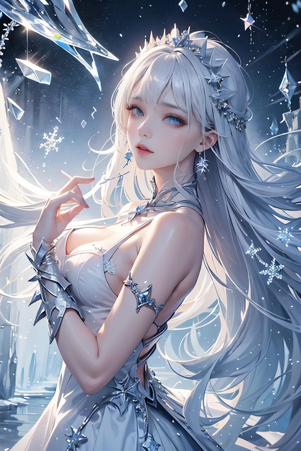 masterpiece、highest quality、wood, Detailed mini ice spikes and crystals, Frozen waterfall as background, Light reflected on ice crystals, Flowing snowflakes.Beautiful woman、white hair、cutegirl,Realistic people,black dress