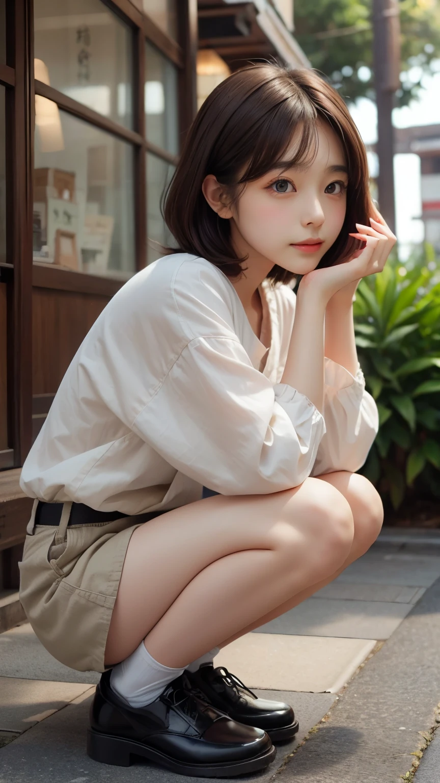 detailed face, cute face,brown eye, master piece , best quality , matured woman face , squatting , short,  japanese