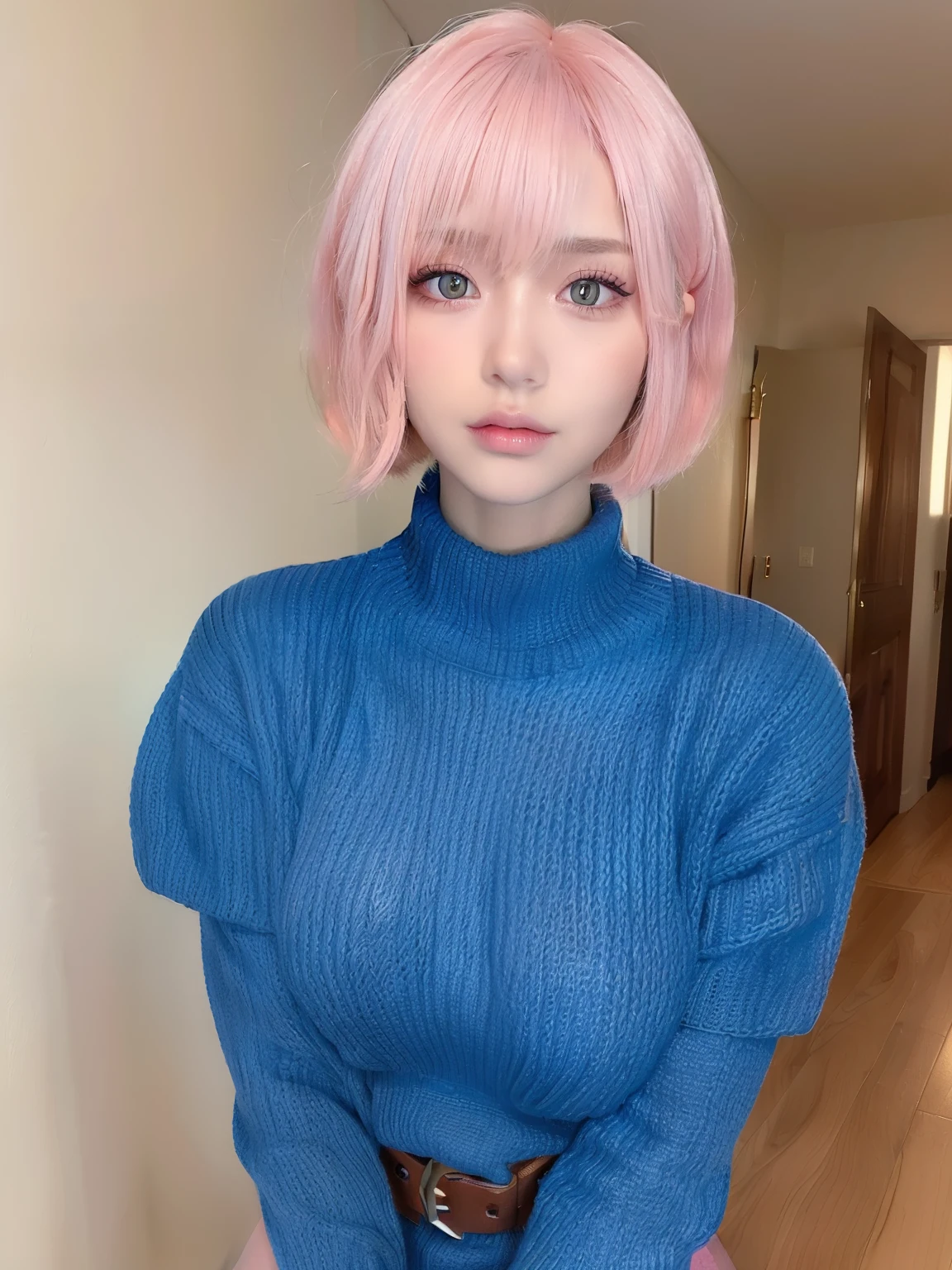 She is cguabinga, irl (((Top Quality, 8k, Masterpiece: 1.3)),korean girl,(((natural face natural real life girl))) , (((pink short hairs))), (((medium tits))), sexy (((wearing blue sweater dress))),(((naked tits))), (((belt on her hips))), showing off dress, full body, facing camera   realistic eyes , more european face, 1 Girl, not much makeup, natural lips,Beauty with Extreme but realistic Beauty, Ultimate Beauty, girl named viktoria, Self taken, Beauty , Slim Abs: 1.3, (Casual Hairstyle) ,1.2, Interior, Ultra Detail Face, Delicate Eyes, Double Eyelids, ((Best Quality, 8K, Masterpiece: 1.3)), 1 Girl, (Casual Hairstyle,1.2), named viki, , fit teen: 1.1, ultra-fine face, Fine eyes, Double eyelids, Shame: 2, ((realistic amateur instagram picture)), ((realistic breasts)), sexy girl, pureerosface_v1, ulzzang-6500-v1.1, 