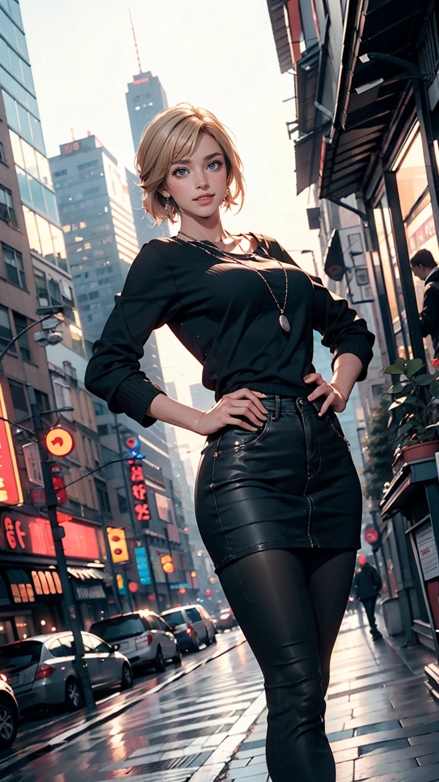 Midgar City style、Apartment building with cityscape in the background、White woman、smile、Place hands on hips、Low - Angle
