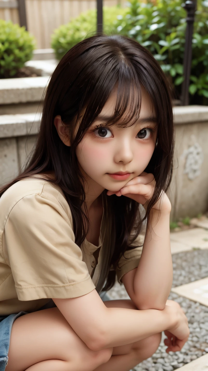 detailed face, cute face,brown eye, master piece , best quality , matured woman face , squatting , short,  japanese
