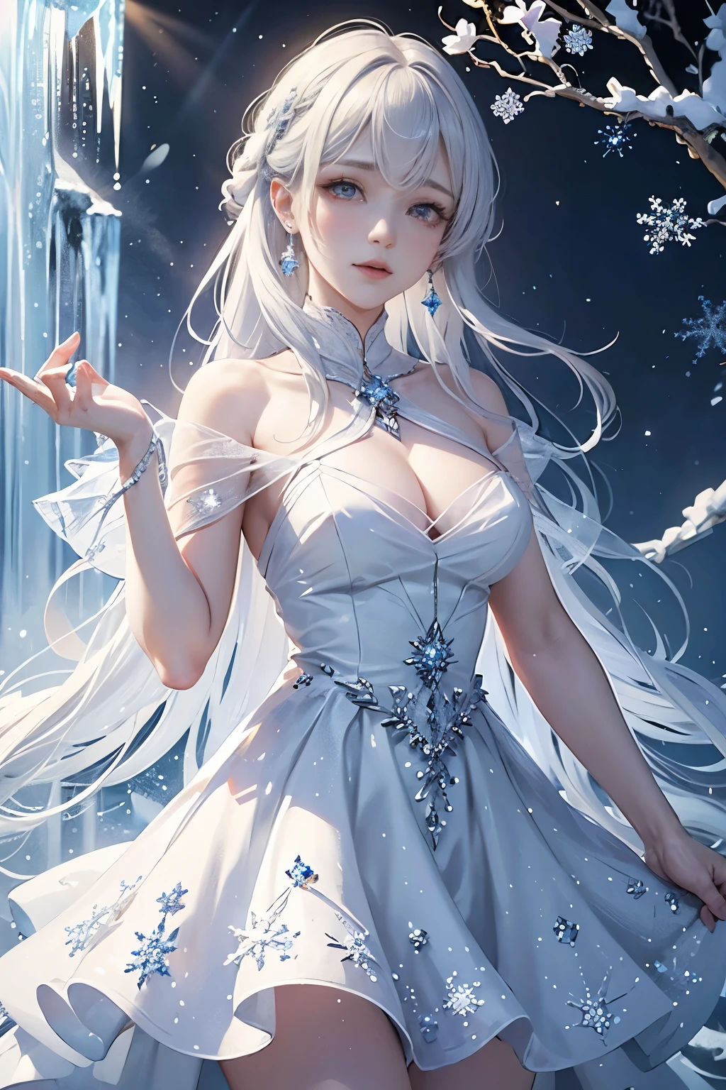 masterpiece、highest quality、wood, Detailed mini ice spikes and crystals, Frozen waterfall as background, Light reflected on ice crystals, Flowing snowflakes.Beautiful woman、white hair、cutegirl,Realistic people,black dress
