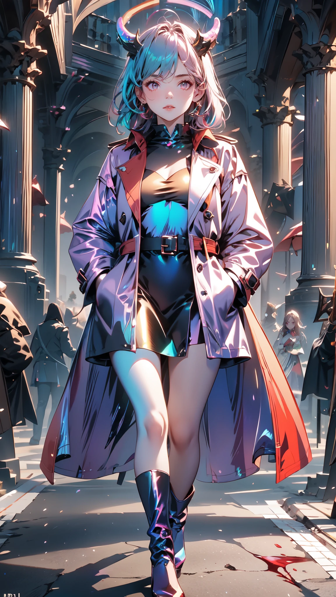 A girl with demonic horns and incandescent blood red eyes, face slightly upwards and slightly to the left, serious face, long straight black hair, wearing a trench coat, black high-heeled boots, black wings drooping, blood red halo, hands in pockets, walking on a dark street between dark buildings, (ultra-realistic), {extremely detailed 8k CG unit wallpaper}, expansive landscape photography, (a centered view that prioritizes character and setting, (wide field view wide), (low angle shot), (high light: 0.5), (low light: 1.2), (warm light source: 1.4), complex details, (iridescent colors: 1.7), (bright lighting), (lighting atmospheric), surrealist, dreamy, photography