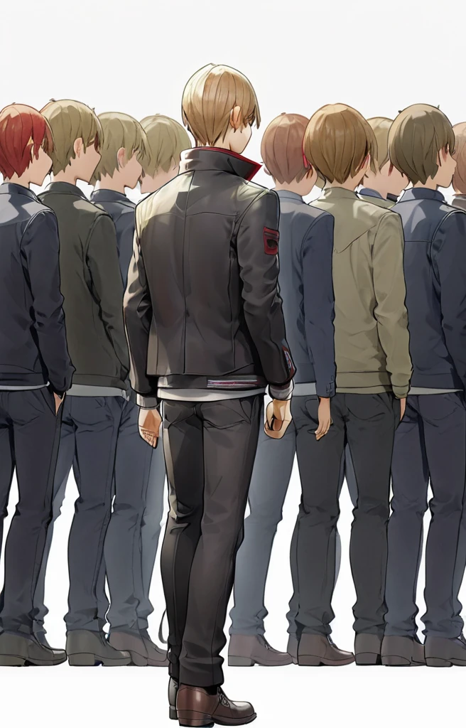 White background, at the backview head only, character sheet, 8 heads view, more back view, half body, 1man, light brown hair, red eyes, black jacket, white sando, black pants, brown shoes, male protagonist, absurdres, high res, ultrasharp,  8K, masterpiece