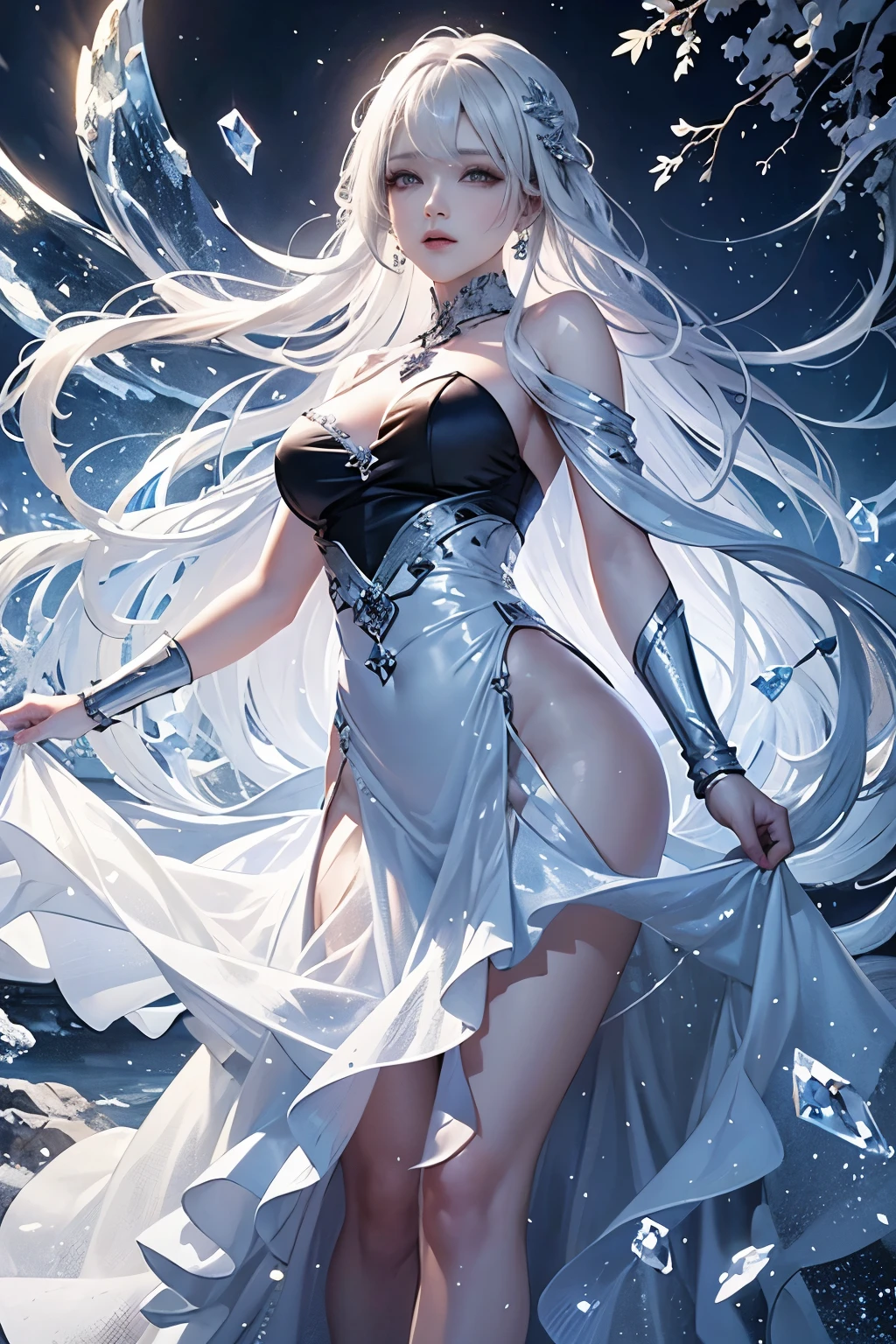 masterpiece、highest quality、wood, Detailed mini ice spikes and crystals, Frozen waterfall as background, Light reflected on ice crystals, Flowing snowflakes.Beautiful woman、white hair、cutegirl,Realistic people,black dress