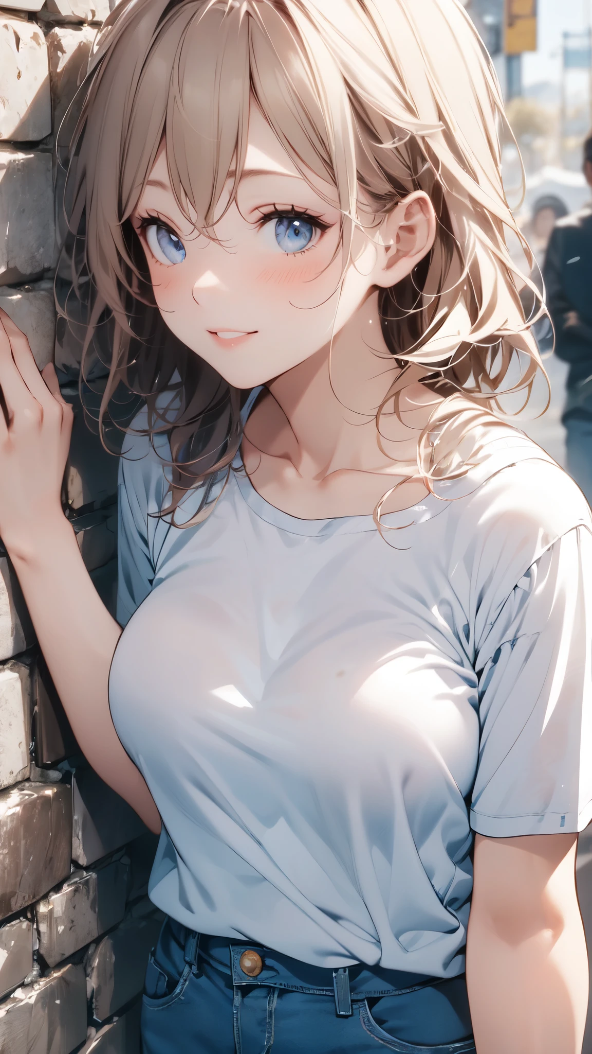 (maasterpiece),best quality, cute girl leaning on a wall, embarassed, blushing, intimate moment, cute, cropped shirt, looking down, high angle, close, BREAK she is embarassed, she is blushing, she is beauitful, cute imgae
