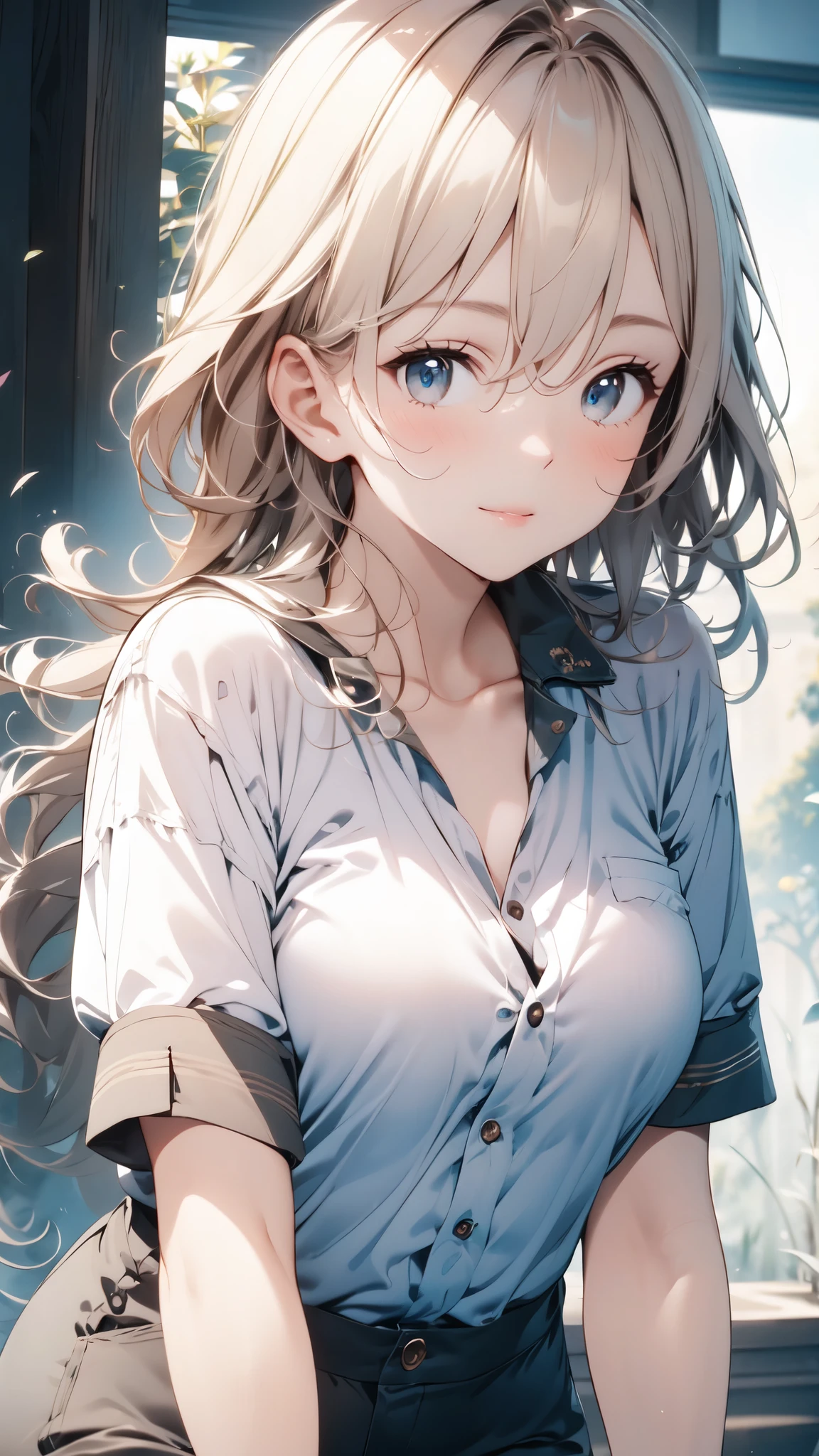 (maasterpiece),best quality, cute girl leaning on a wall, embarassed, blushing, intimate moment, cute, cropped shirt, looking down, high angle, close, BREAK she is embarassed, she is blushing, she is beauitful, cute imgae
