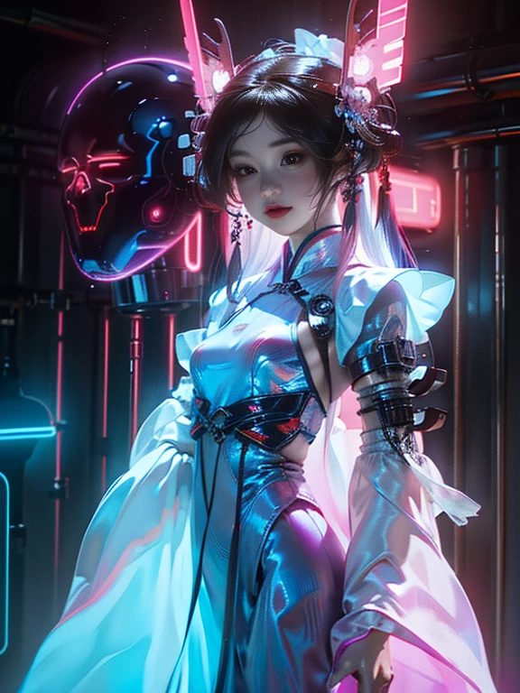 1 Girl Solo, perfection_hand, (8k, RAW Photos, highest quality, masterpiece:1.2), (Realistic, photo-Realistic:1.4), (Highly detailed CG Unity 8k wallpaper),whole body, (Neon Light:1.2), Machopp, Mechanical arms,Mecha, Hanfu, Chinese clothing, dress,