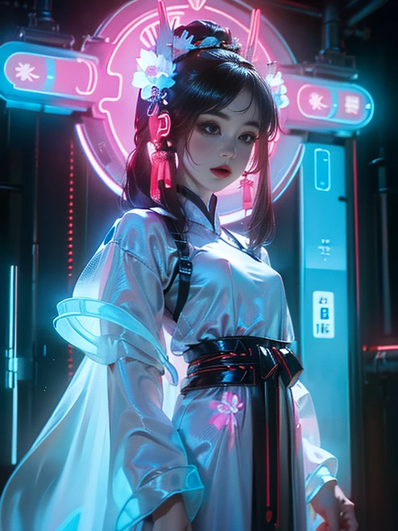 1 Girl Solo, perfection_hand, (8k, RAW Photos, highest quality, masterpiece:1.2), (Realistic, photo-Realistic:1.4), (Highly detailed CG Unity 8k wallpaper),whole body, (Neon Light:1.2), Machopp, Mechanical arms,Mecha, Hanfu, Chinese clothing, dress,