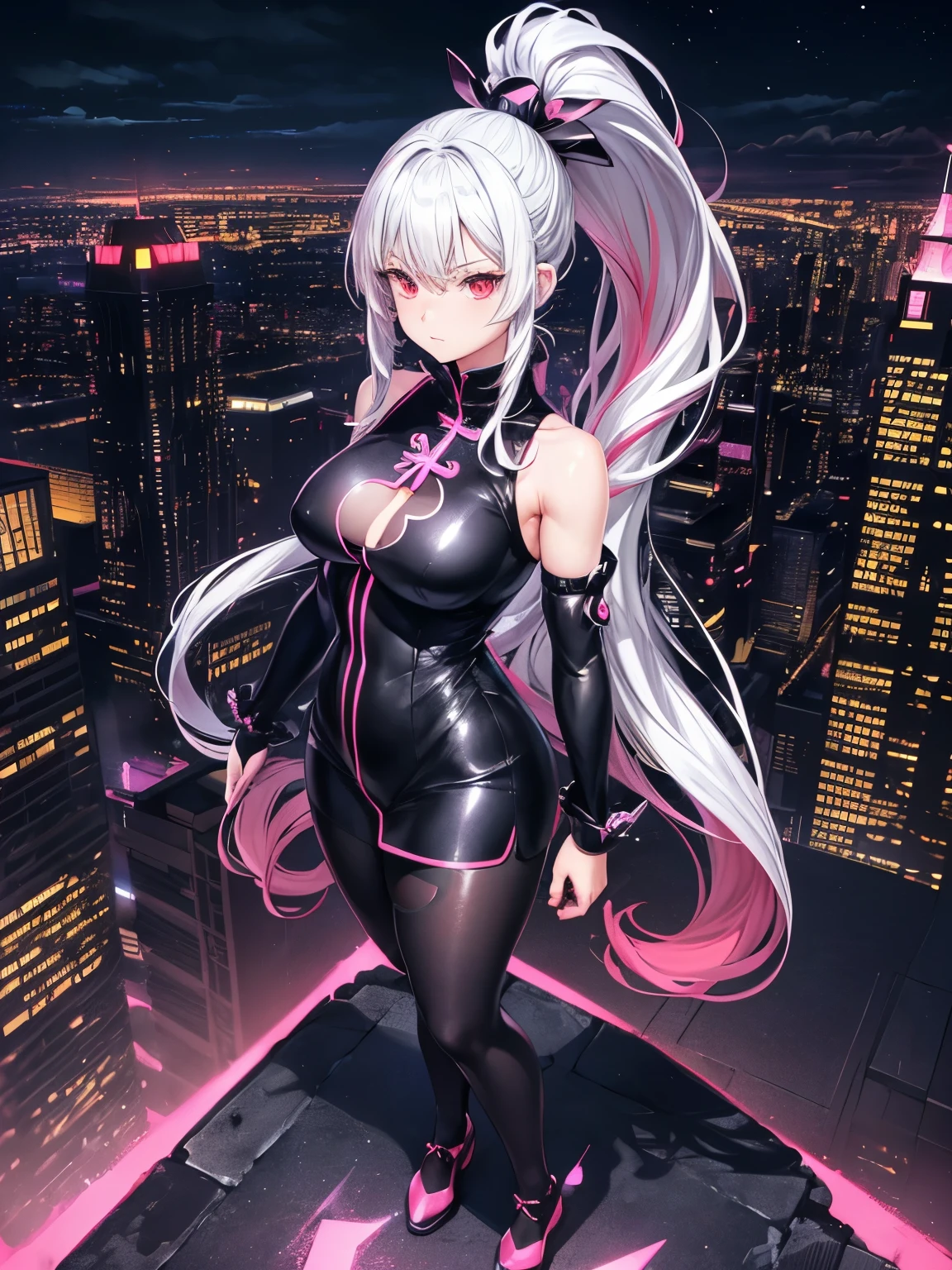 anime, (artwork, best quality, ultra-detailed, high contrast), 1 woman (Alone, full body, plus size body, standing on the edge of the skyscraper, silver hair, LONG In a ponytail, red eyes ruby sparkles, (simple black qipao, black cybernetics with neon pink), transparent black socks), (skyscraper roof, overlooking a city, detailed background ((night time, Darkness, low light pollution)))