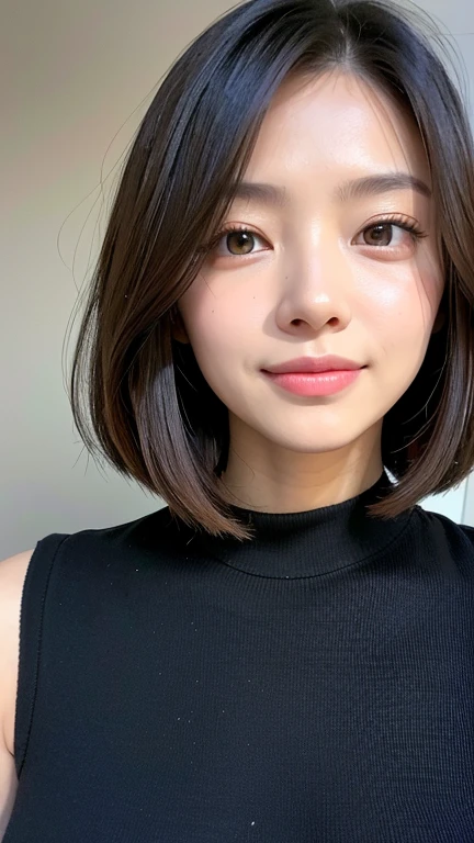 (((Close-up of face)))、(((Absolutely shoulder-length brown straight short bob)))、(((She is posing like a hair salon model, with a black wall indoors as the background.)))、(((Casual black winter long sleeves with shoulders covered)))、Half Japanese, half Korean、18 year old girl、Standing Alone、Looking forward、Light eye makeup、Brown Hair Color、Flat and 、Hair blowing in the wind、Actress Quality、Glossy, ultra-realistic face、Smiling face、Watery eyes、Gazing Up、Subtle lighting effects、 Ultra-Realistic Capture、Very detailed、High resolution 16K close up of human skin。Skin texture must be natural、The details must be such that pores can be clearly seen、The skin is healthy、Uniform tone、Use natural light and colors、A worn-out, high-quality photo taken by a model agency's in-house photographer.、smile、(((SIGMA 300 mm F/1.4,1/1000 sec shutter,ISO 400)))