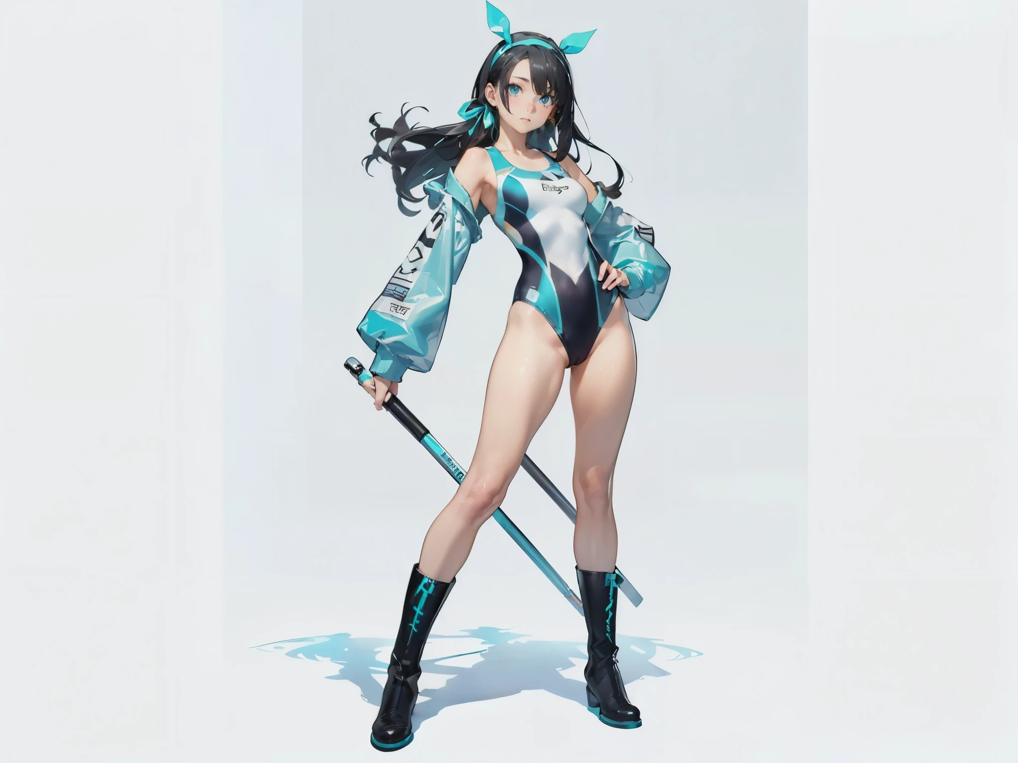 (maximum resolution: 1.2), (ultra high definition:1.2), cinema light, 8K resolution, fine eyes and skin, detailed face, perfect style, cute face, Accurate, anatomically correct, Highly detailed face and skin texture, beautiful and meticulous droopy eyes, , (black hair:1.5), long hair, parted bangs, blue eyes, (white hairband:1.5), (long sleeves one-piece patternless dark cyan swimsuit:1.5), (boots:1.5), standing sexy pose, (by the universe:1.5)