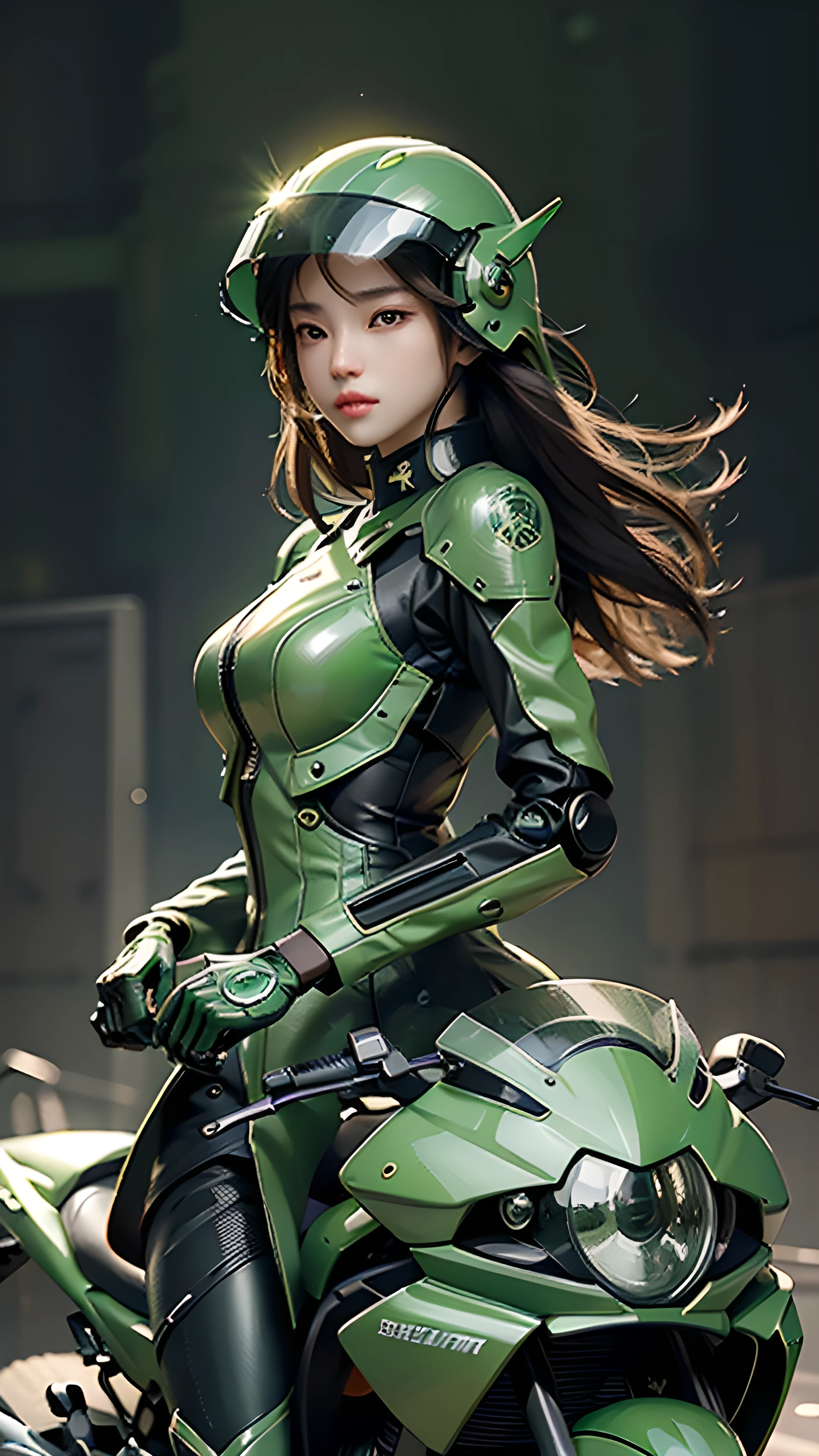 Highest image quality, Excellent details, Ultra-high resolution, (Reality: 1.4), Best Illustration, Offer Details, Highly concentrated 1girl, With a delicate and beautiful face, Dressed in black and green mecha, Wearing a mecha helmet, Holding direction, Riding a motorcycle, Background futuristic city high tech lighting scene.
