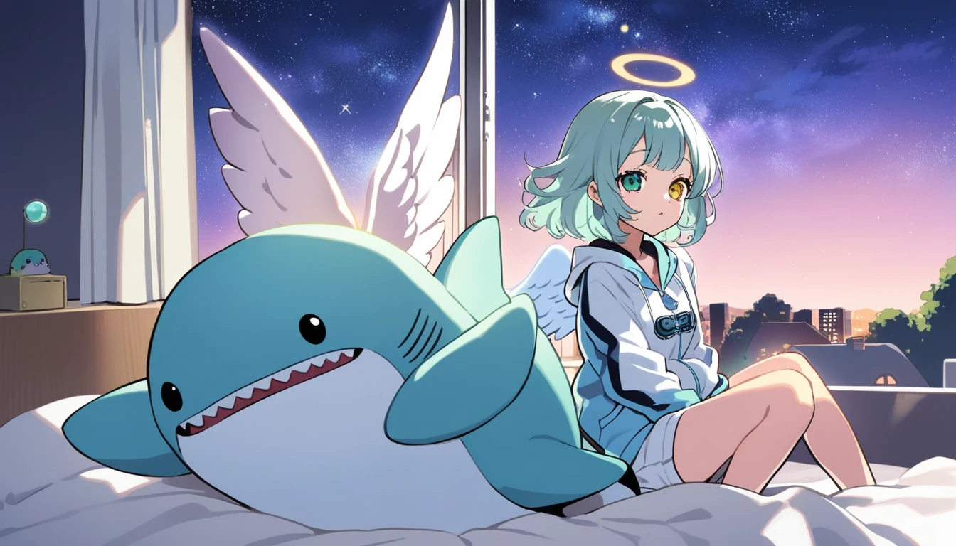 One Girl, by yoneyama mai, odor, Habitat Questions, wave hands, Heterochromatic pupil, Beautiful Eyes(green, (Sitting in the clouds), Great quality, Push down, Angel Wings, alone, Light green髪, Winged Bangs, Soft Hair, Shortcuts, Provocative, subculture, Light blue jersey(Jacket only, white), Light blue jerseyハーフパンツ(5 minutes long, Big Size), Light blue neighborhood, Angel Neighborhood, Beautiful starry sky, Night Sky, Cute room(white, whiteのカーテン,Light blue bed, Light blue curtains), Beautiful colors, (Great quality:1.5), masterpiece, Page 1, greenい鳥、Hug a stuffed animal(Only the baby shark is deformed)
