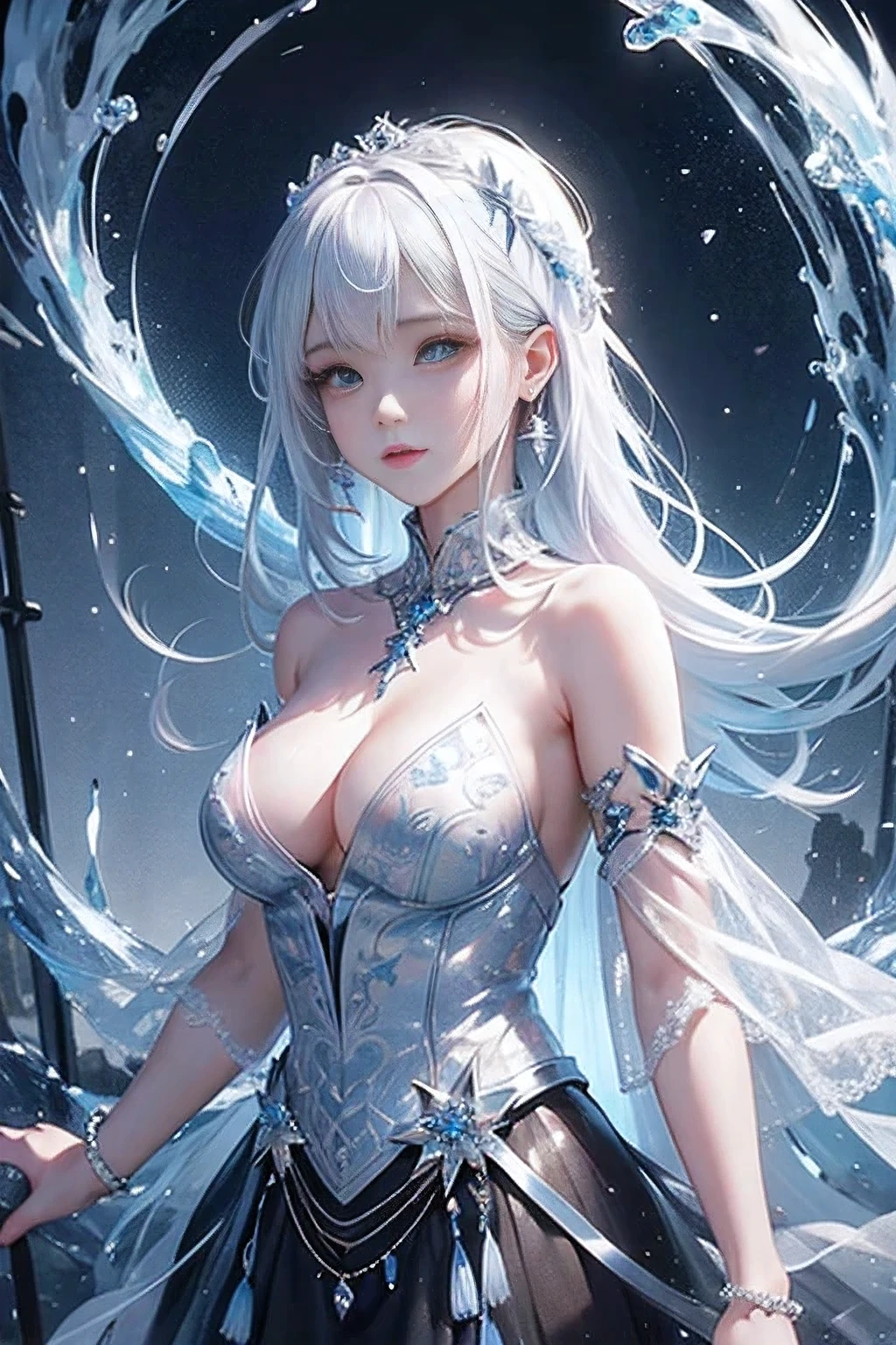 masterpiece、highest quality、wood, Detailed mini ice spikes and crystals, Frozen waterfall as background, Light reflected on ice crystals, Flowing snowflakes.Beautiful woman、white hair、cutegirl,Realistic people,black dress
