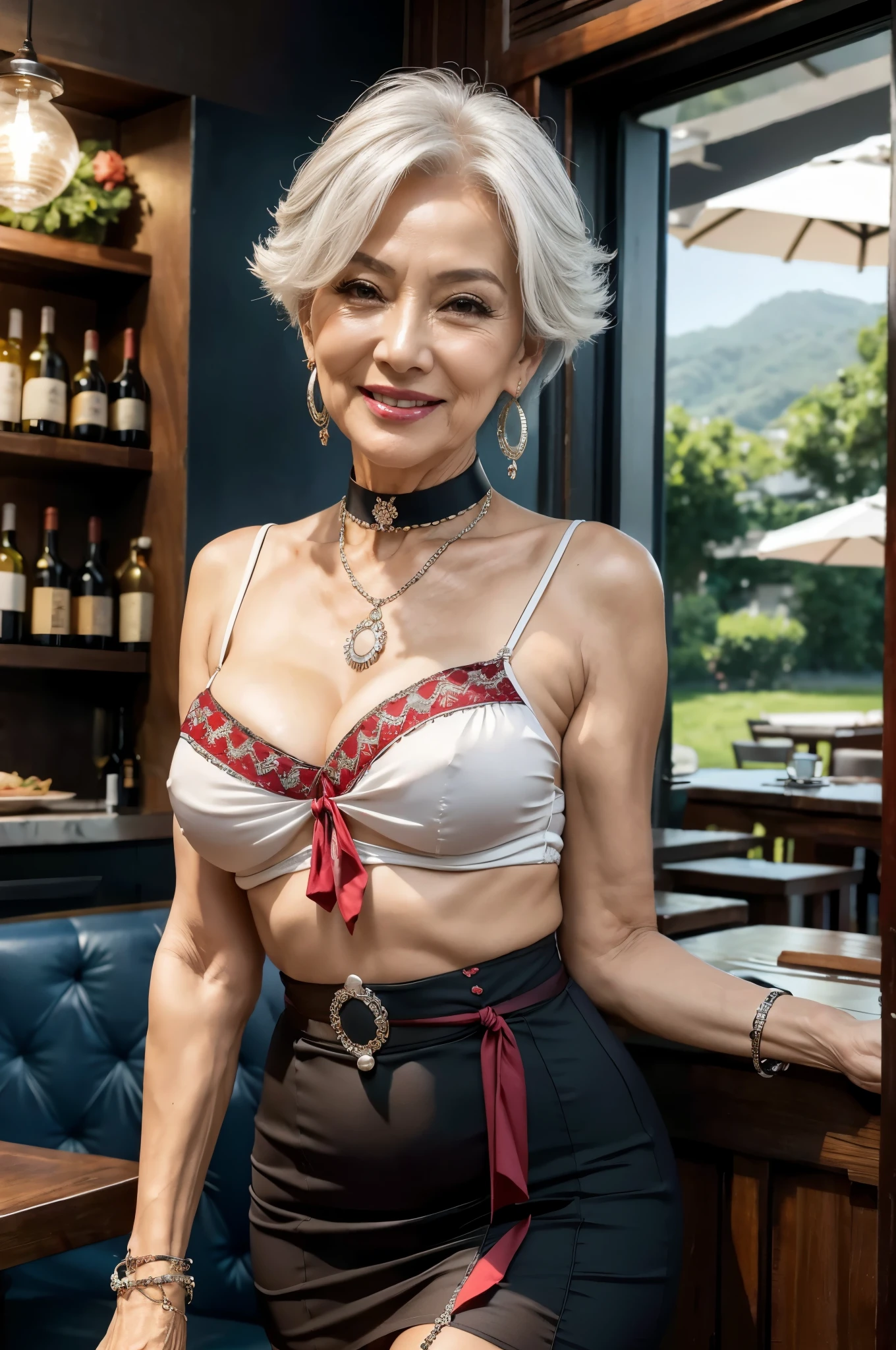 , Summer shirts sleeveless　75 years old　Mom　MILF　Korean, Lady　large earring　Big choker　navel piercing decoration　A bracelet　Silver Hair　realisitic　Gorgeous Madame Beautiful Mature Woman　sexy　Smile　Gentle woman navel piercing　４K　High quality restaurant　Dress code　cooking　wine　Garter Stockings　Gorgeous Madame Beautiful Mature Woman