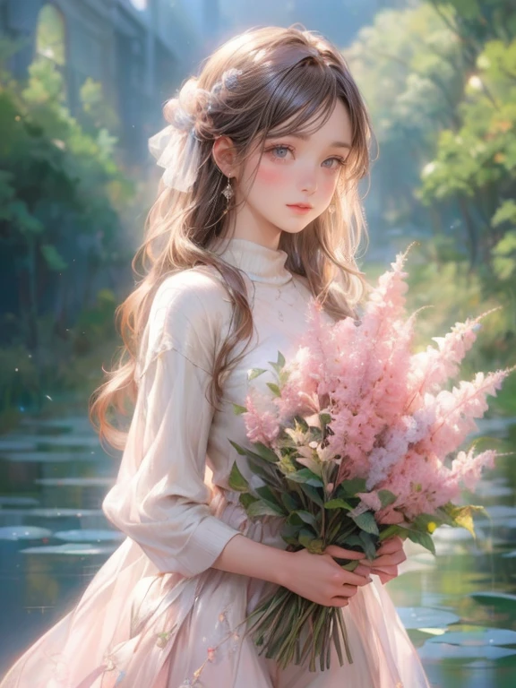 masterpiece: 1.2, highest quality, 16k, highres, ultra-realistic, photorealistic: 1.37, beautiful detailed: 1.2, beautiful fairy girl, standing in a meadowlake full of astilbe, holding a bouquet of astilbe, meadow (colorful astilbe, full of astilbe, bluesky), beautiful delicate see-through knit mesh sweater, beautiful and elegant pose, beautiful smile, beautiful delicate ( hair, face, long eyelash, eyes, pupils, lips, knee, mesh sweater), sparkling eyes, shining rosy lips, blushed cheek, through bangs,