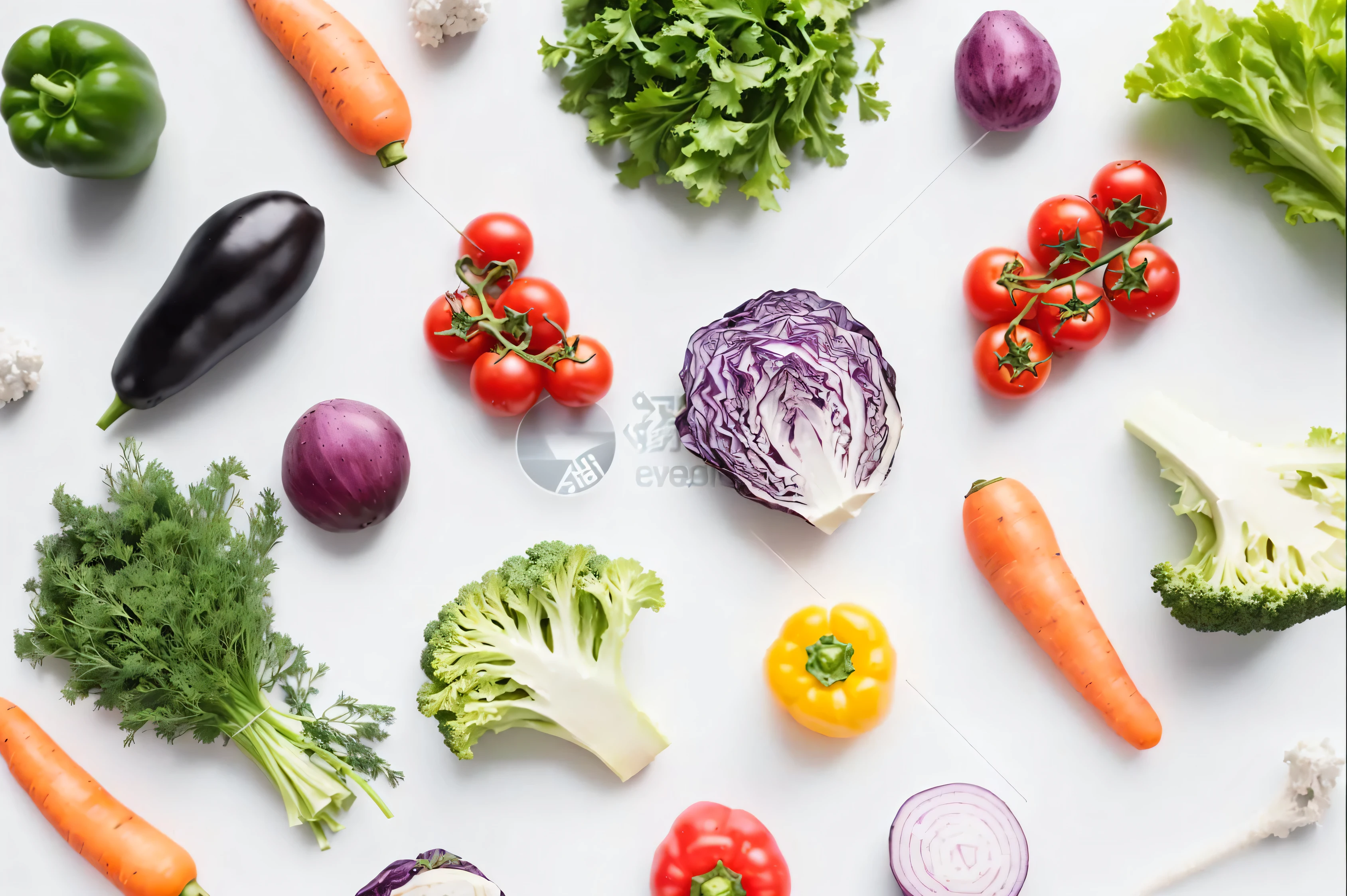 a close up of a variety of vegetables on a white surface, vegetables, vegetable, 1614572159, vegetable, the The background is white, On a clear background, High-quality food photography, still life vegetables, grey vegetables, Popular on shutterstock,Purple cabbage,carrot,Bell peppers,broccoli,basil leaves,Dill,onion,lettuce,cherry tomatoes, The background is white, On White background, IsolatedWhite background, White background,No watermark